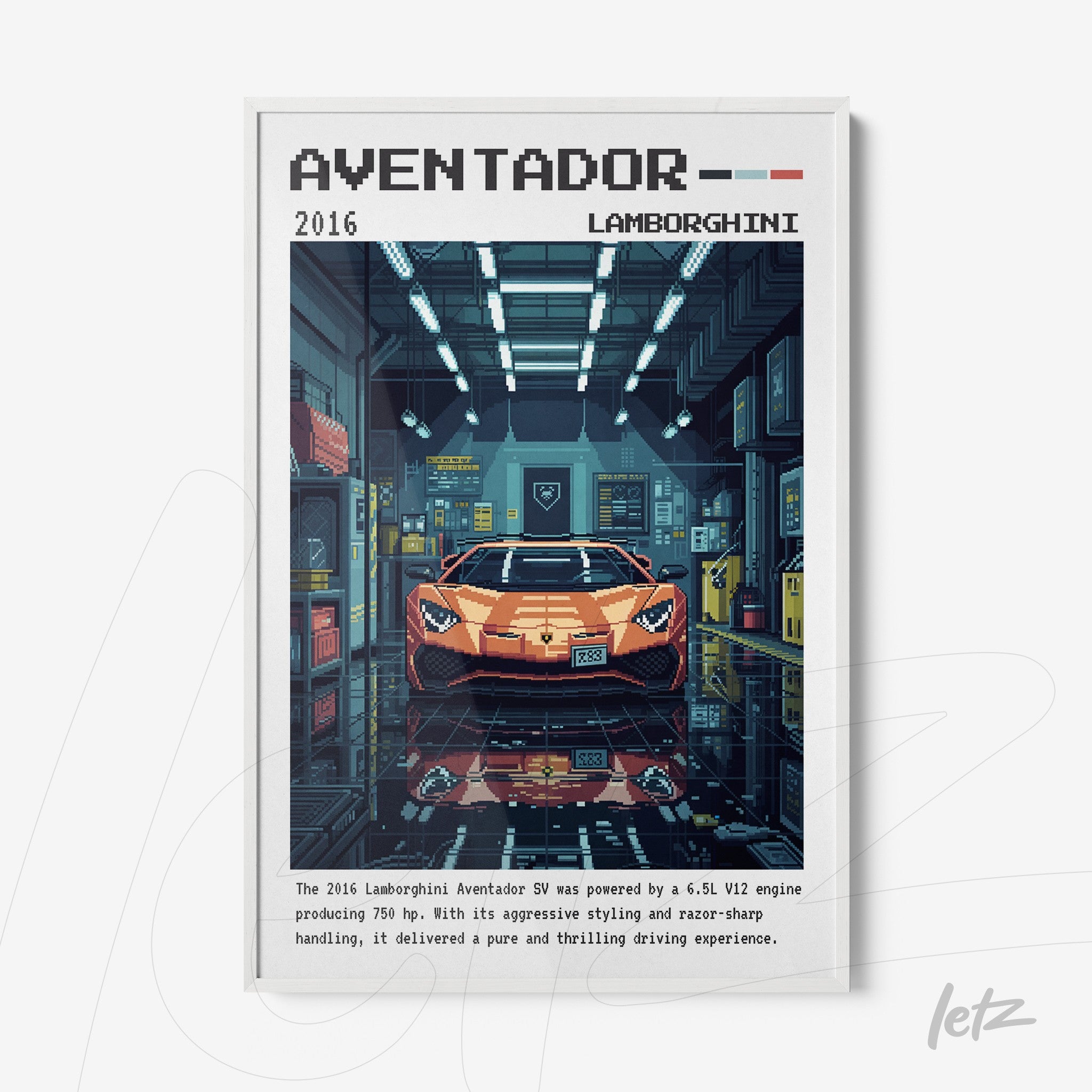 quadro com arte digital de um Lamborghini Aventador em garagem moderna, moldura branca