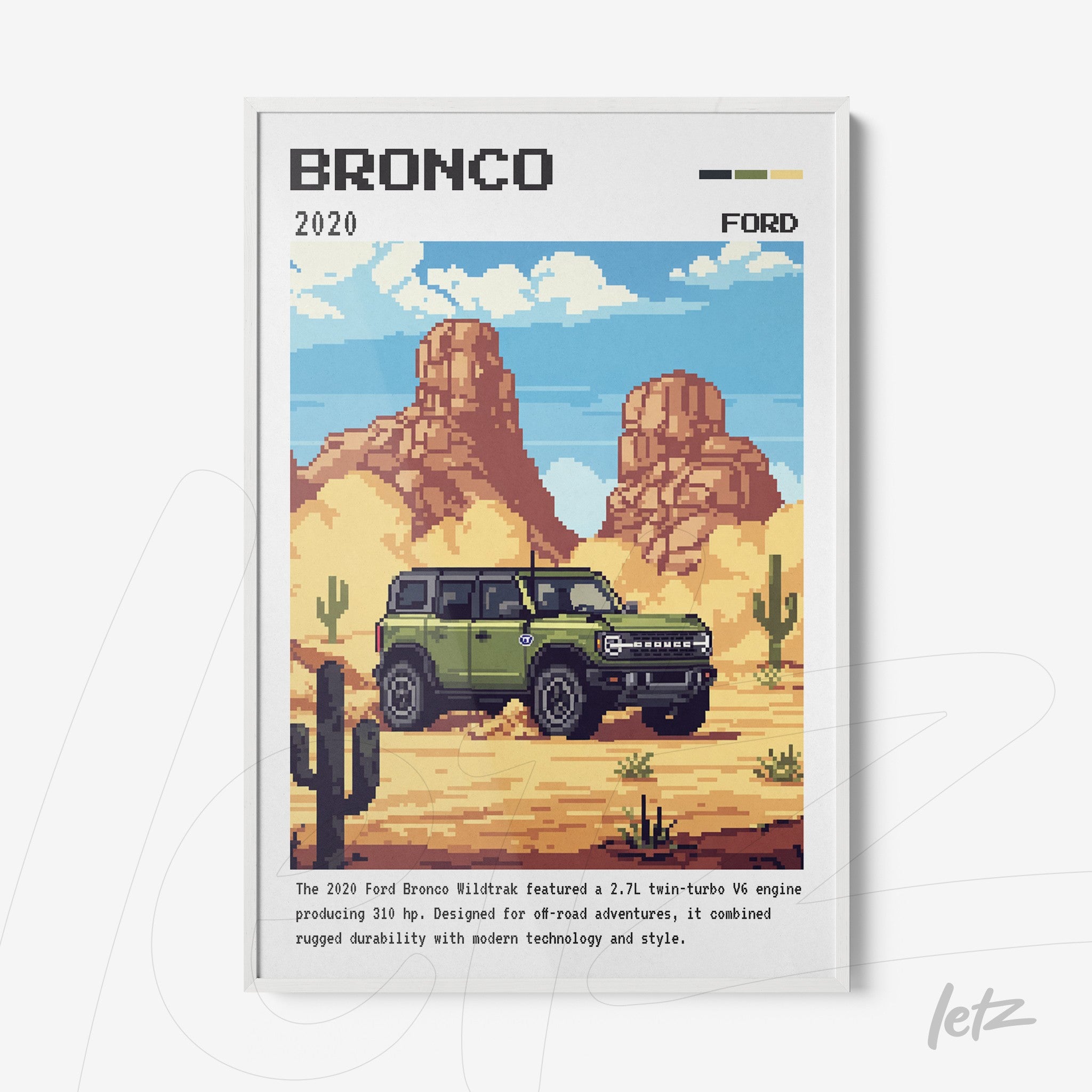 quadro emoldurado com arte pixelada de um carro Ford Bronco 2020 em um cenário desértico, cercado por cactos e montanhas