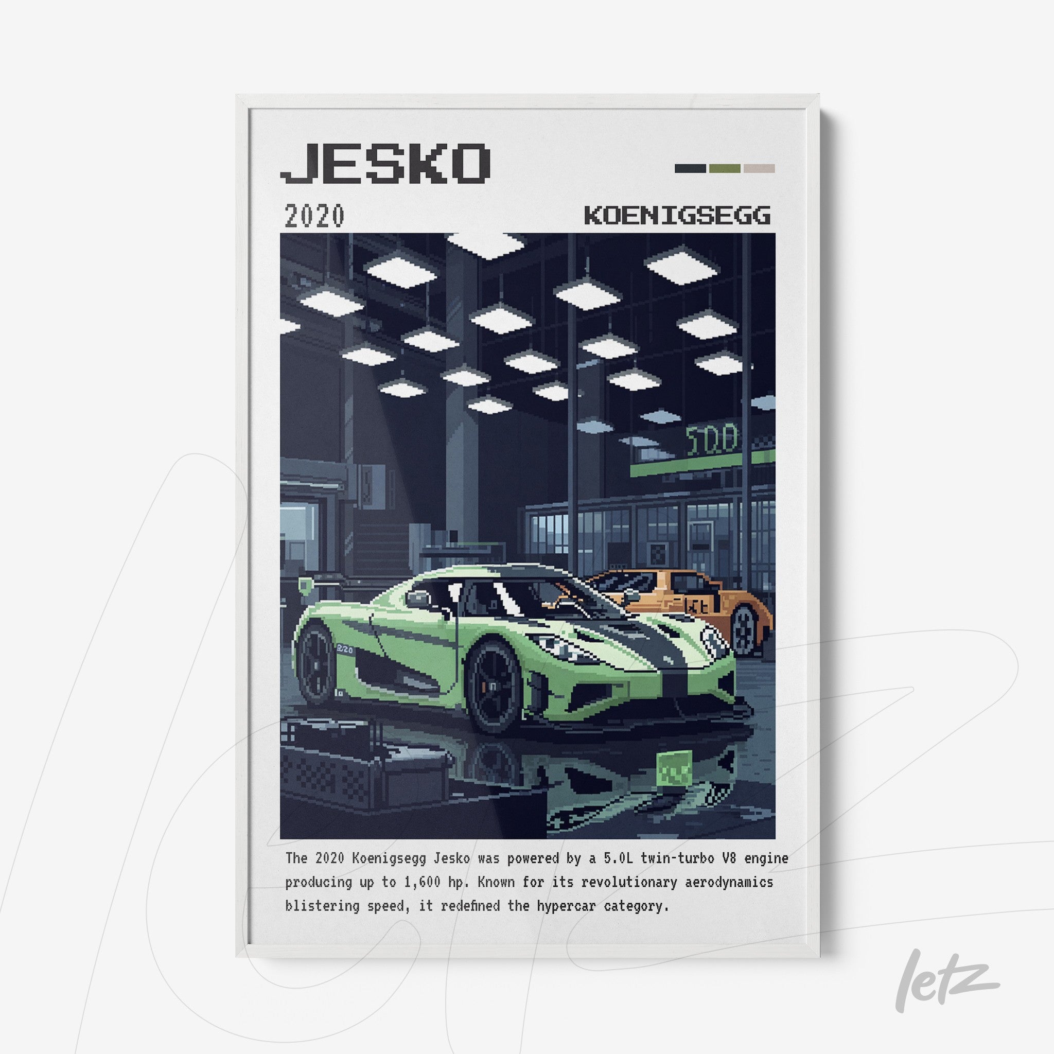 quadro com arte digital do carro Jesko da Koenigsegg em estilo retrô, com moldura branca e fundo de oficina mecânica