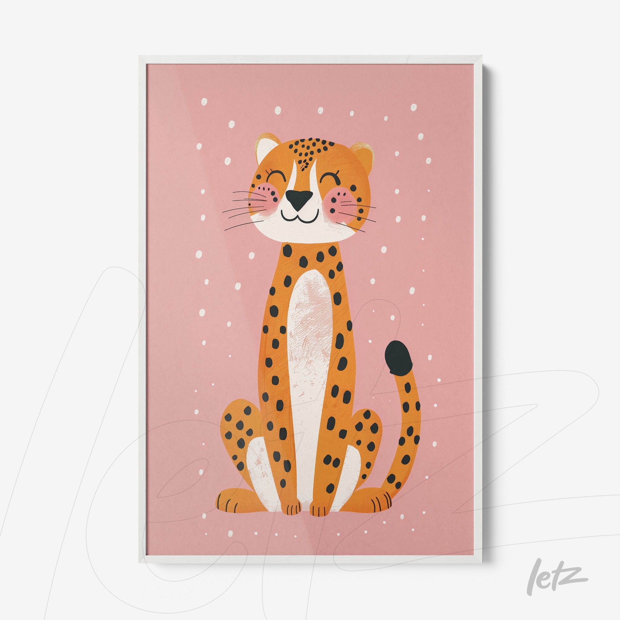 quadro com ilustração divertida de um leopardo sorridente sobre fundo rosa, com moldura branca
