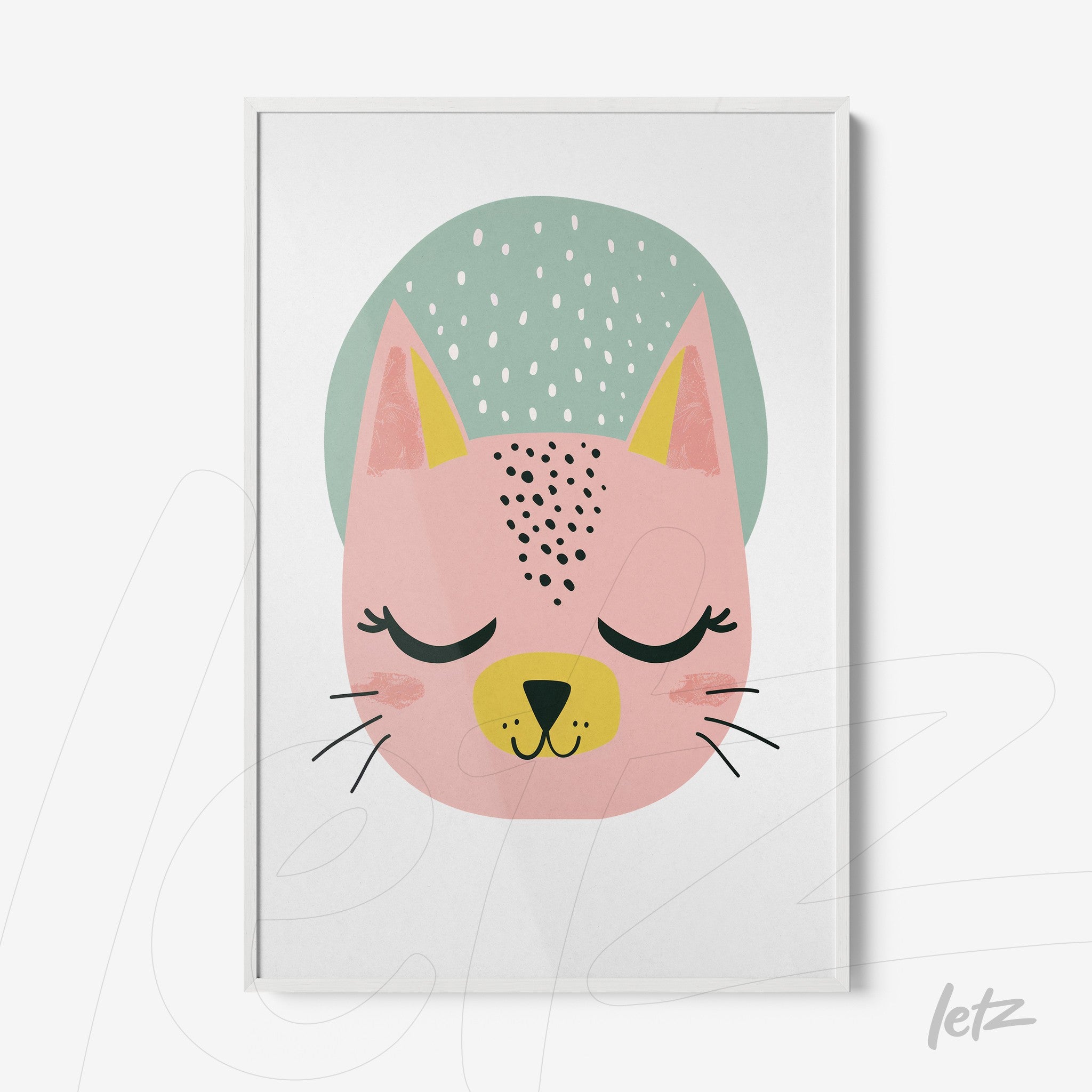 quadro com ilustração de rosto de gato em rosa, com olhos fechados e um fundo verde claro, em moldura branca