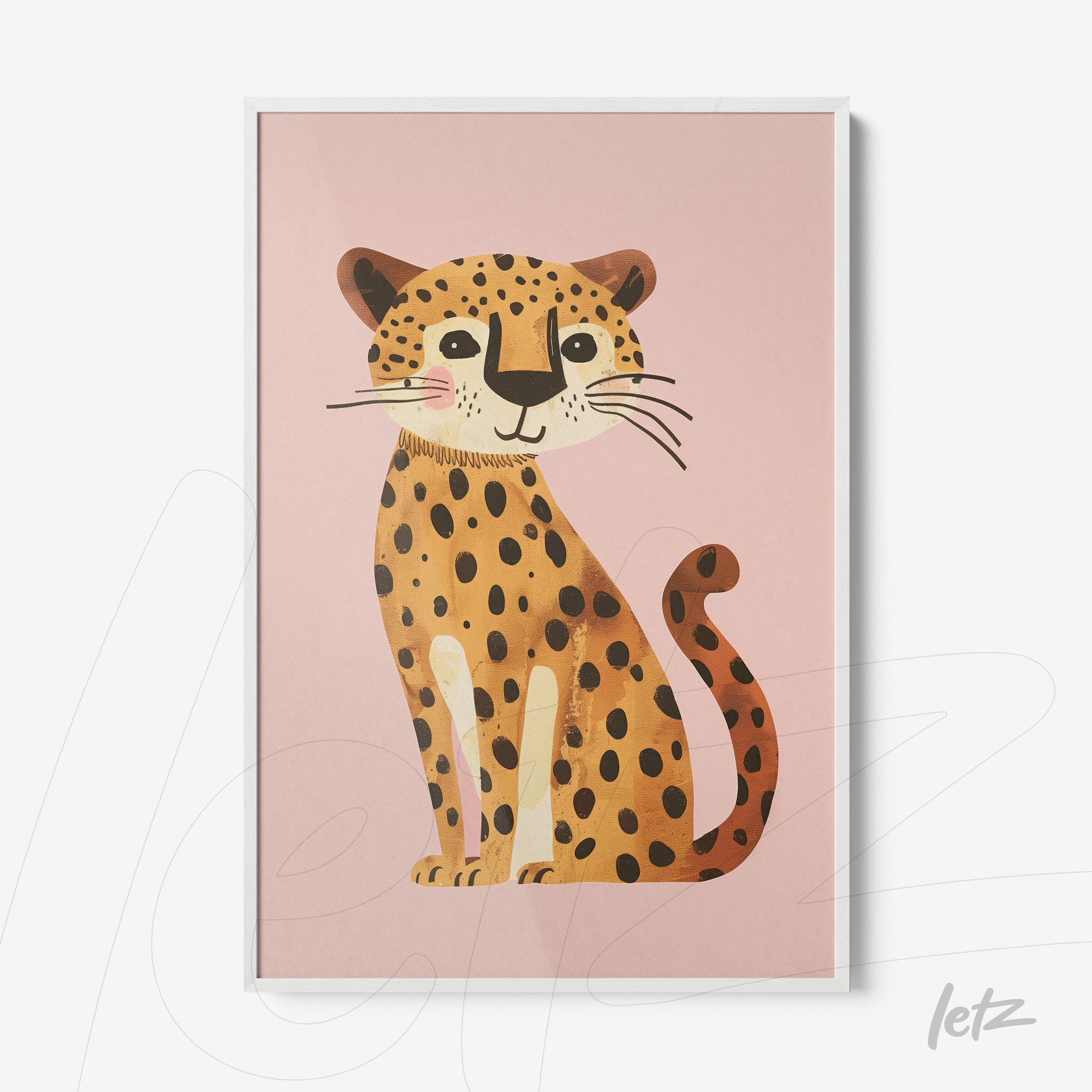 quadro com ilustração de um leão da montanha em fundo rosa e moldura branca