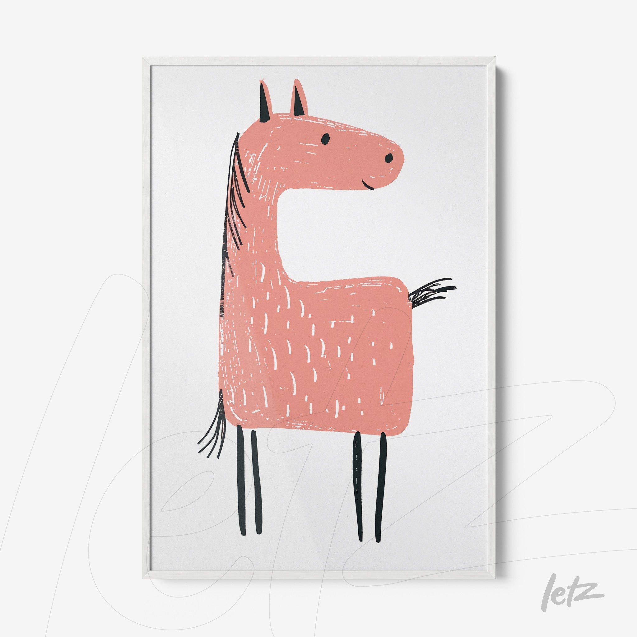 quadro com ilustração minimalista de um cavalo rosa em moldura branca