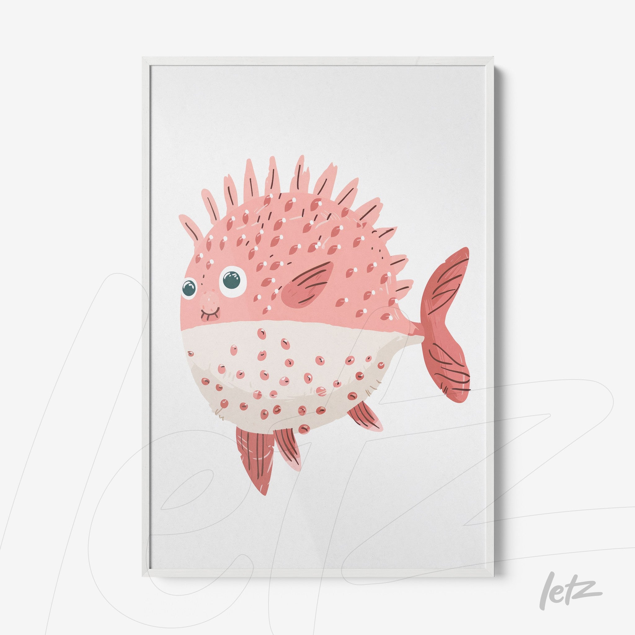 quadro com ilustração divertida de um peixe-pica-pau rosa com espinhos e bolinhas brancas, moldura branca
