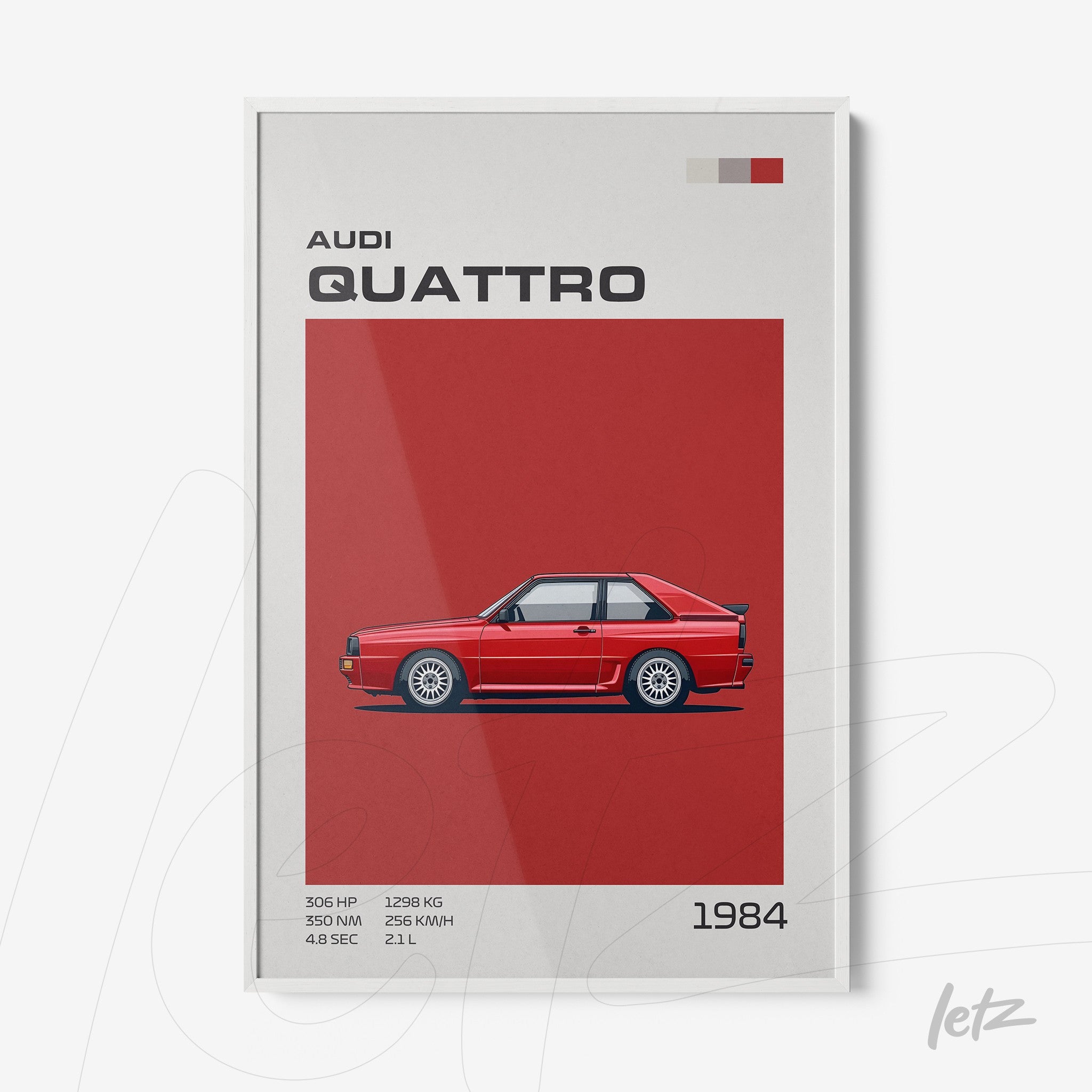 quadro com arte digital de um carro Audi Quattro vermelho em fundo vermelho e moldura branca