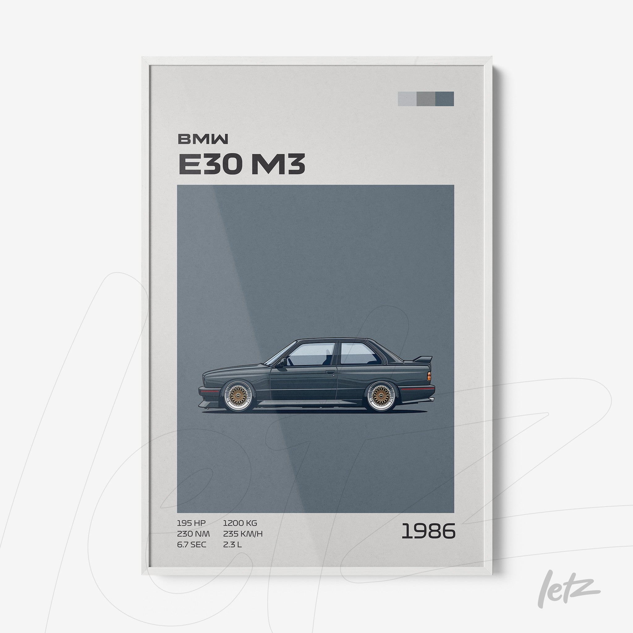 quadro com arte digital do carro BMW E30 M3 em moldura branca
