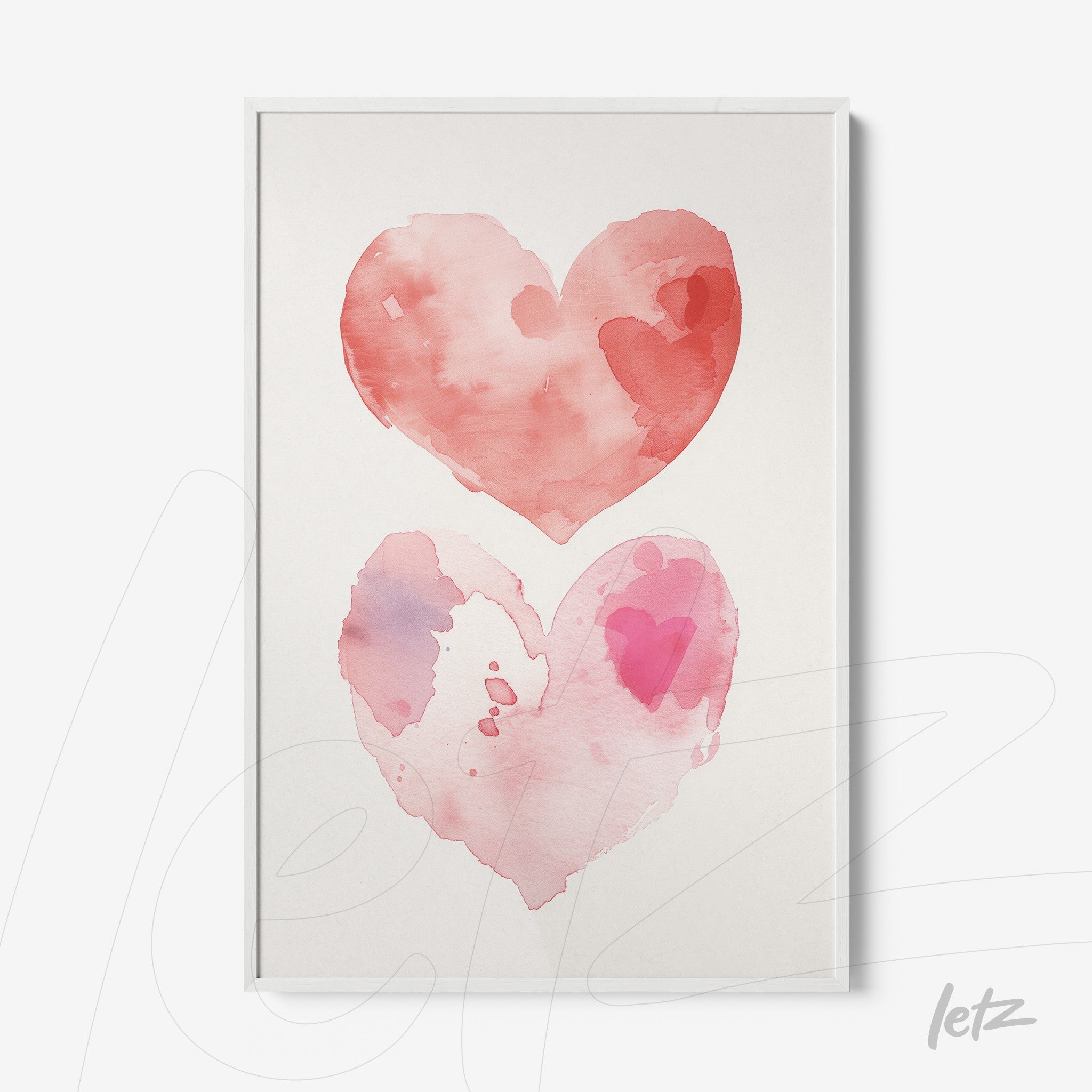 quadro com aquarela de dois corações em tons de rosa, moldura branca