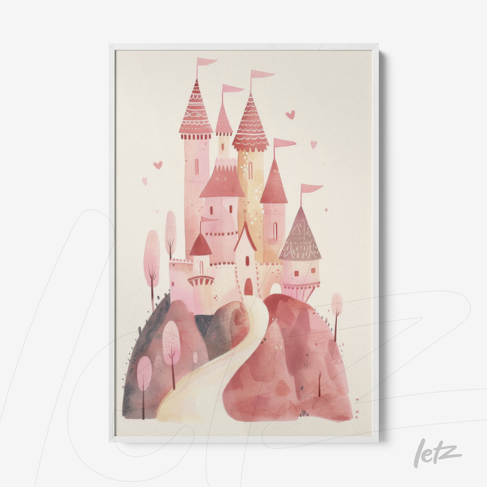 quadro com ilustração de castelo encantado em tons de rosa com árvores ao redor e caminho sinuoso, moldura branca