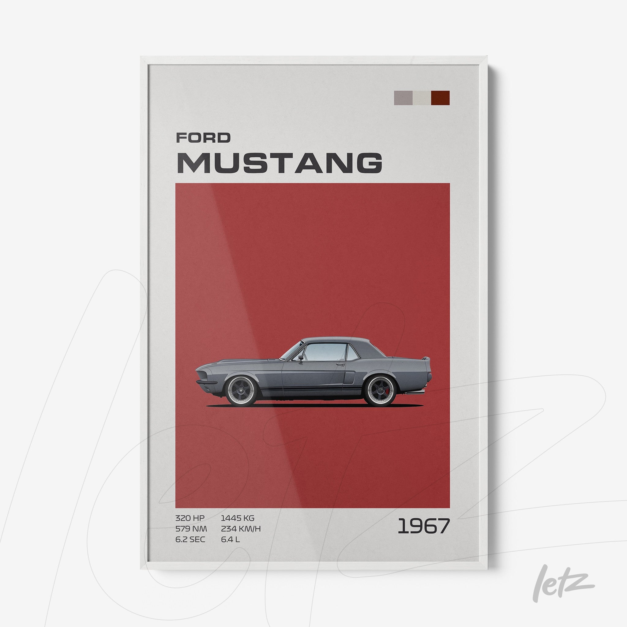 quadro moderno com ilustração do Ford Mustang 1967 em fundo vermelho e moldura branca