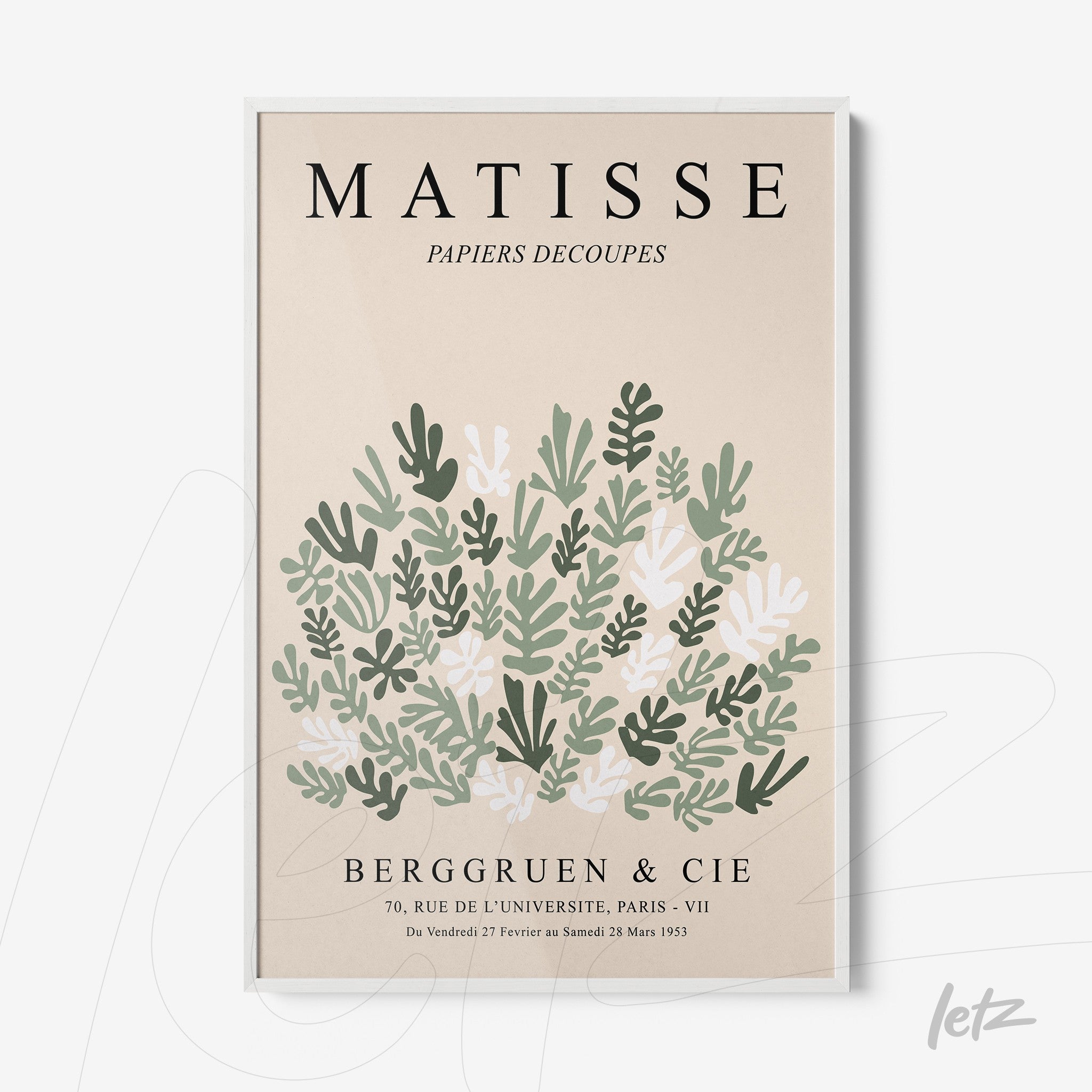 quadro com arte inspirada em Matisse, apresentando folhas verdes em composição estilizada com moldura branca
