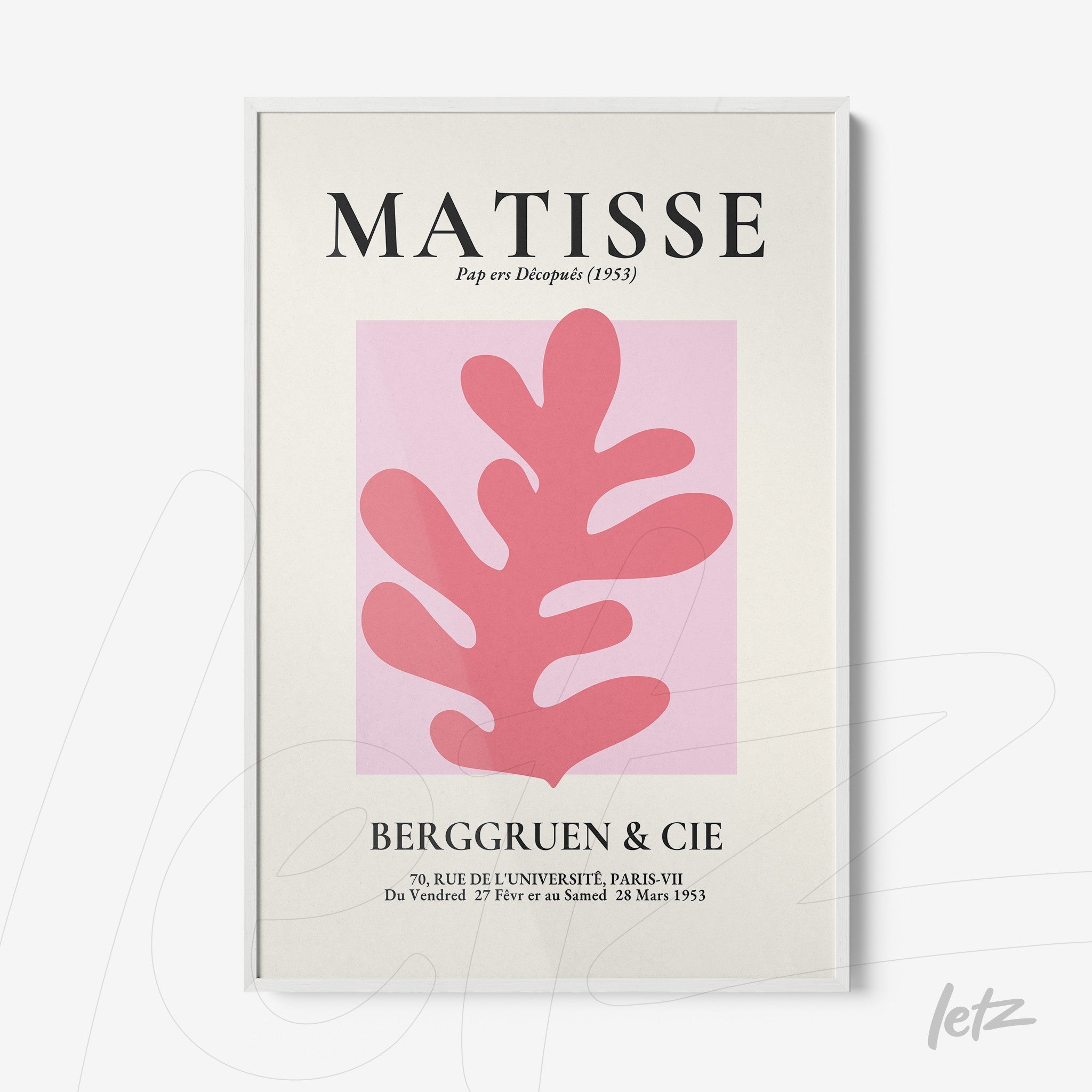 quadro com arte moderna inspirada em Matisse, apresentando formas orgânicas em rosa sobre fundo claro e moldura branca
