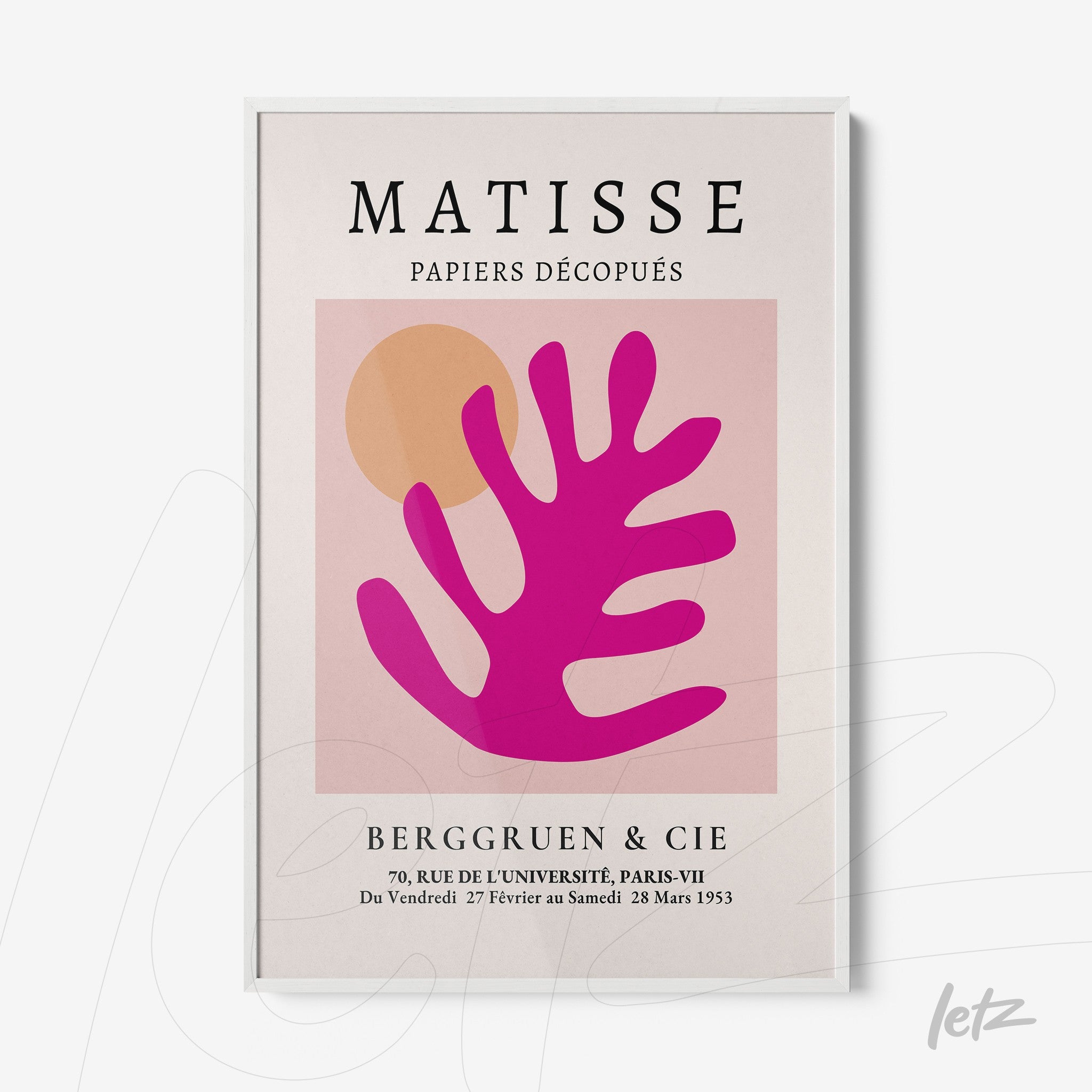 quadro com arte em estilo moderno, apresentando uma silhueta rosa de planta com fundo claro e texto em tipografia vintage