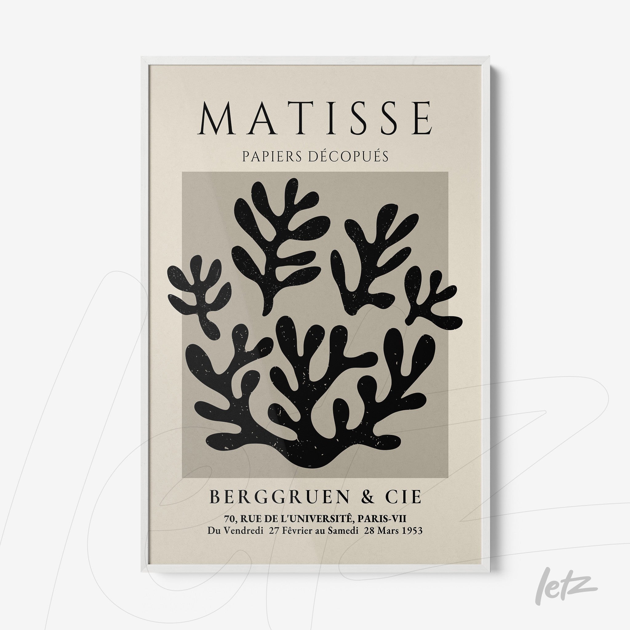 quadro com arte abstrata em tons escuros de elementos naturais em moldura branca, título 'Matisse' em fonte clássica