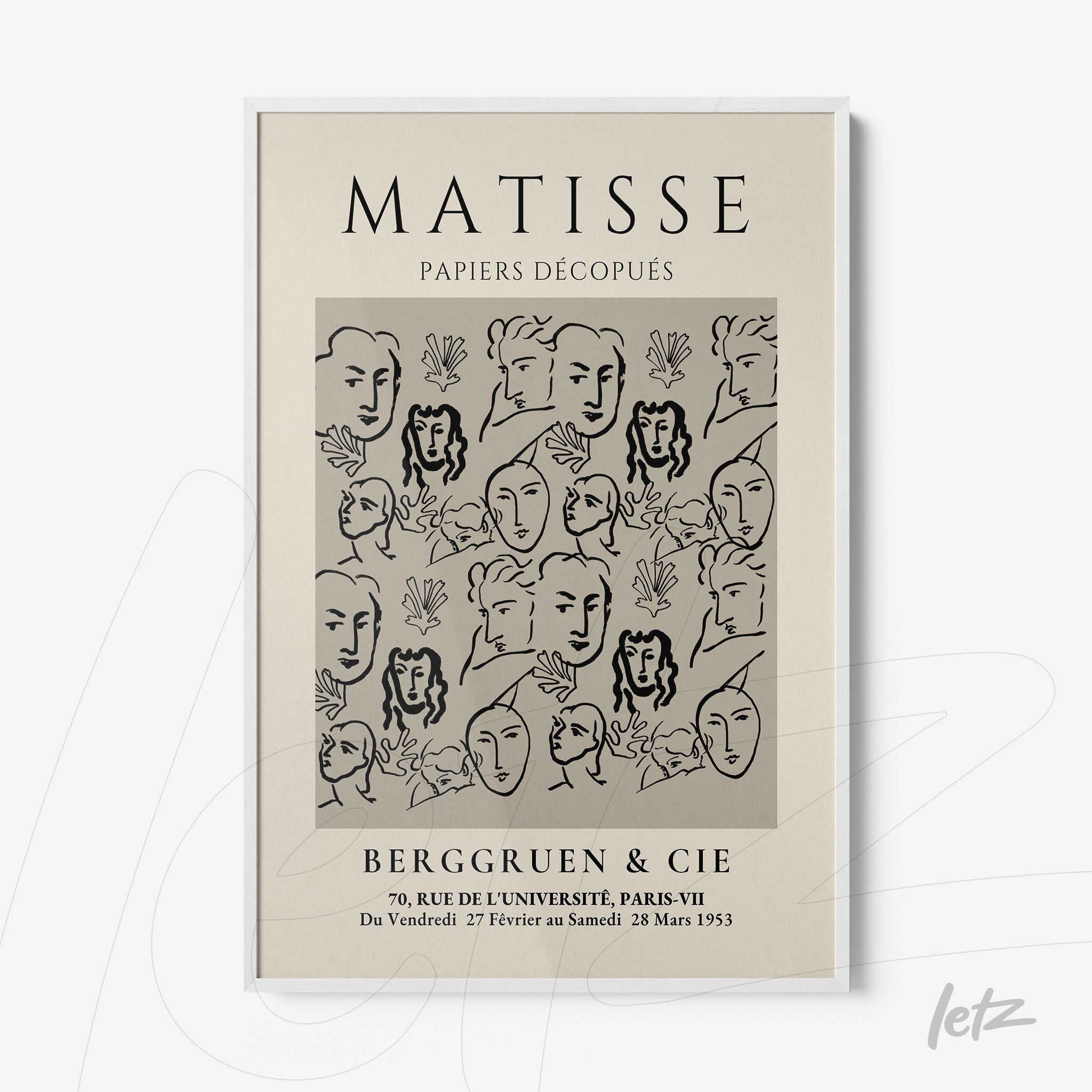 quadro com arte em estilo gráfico apresentando rostos estilizados em fundo claro, moldura branca, tema artístico de Henri Matisse