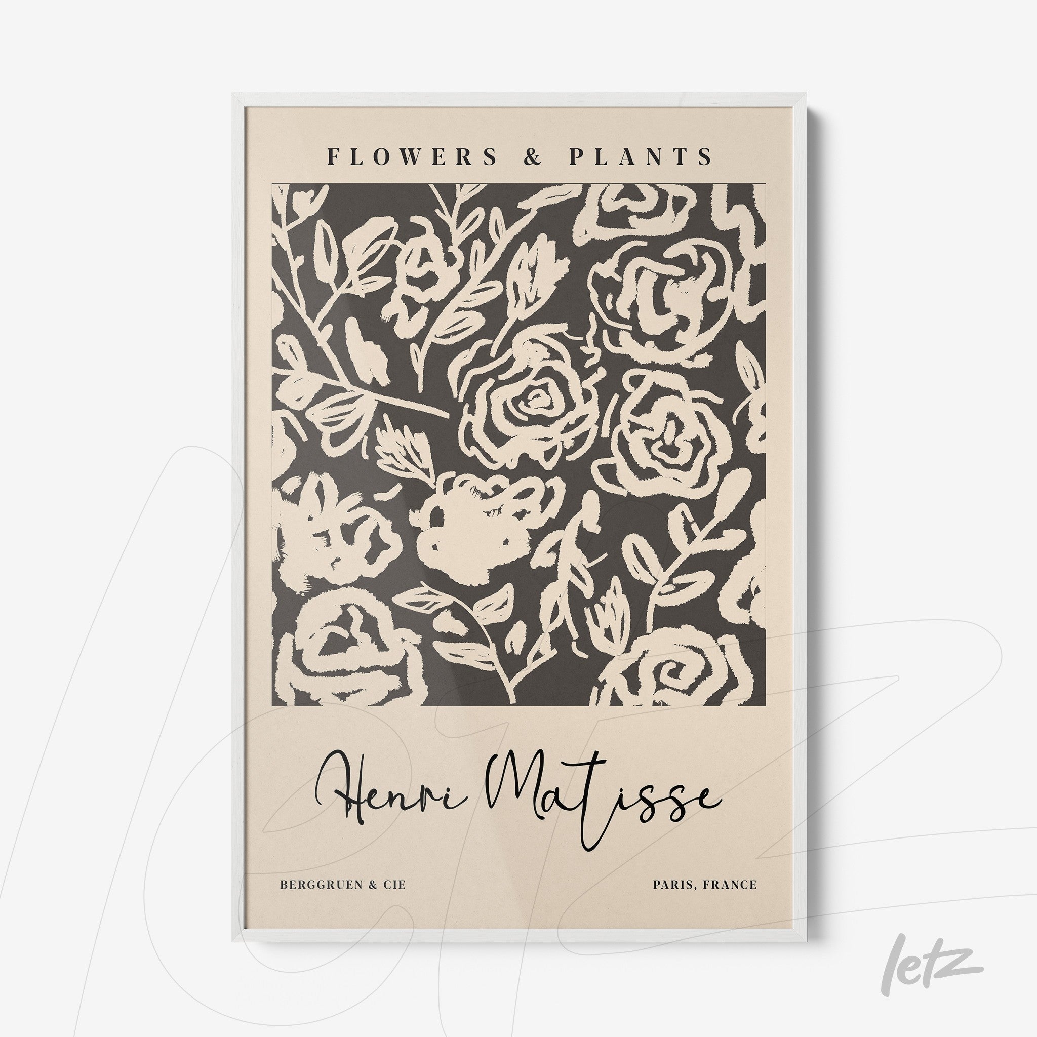 quadro com arte floral em estilo moderno com fundo claro e moldura branca