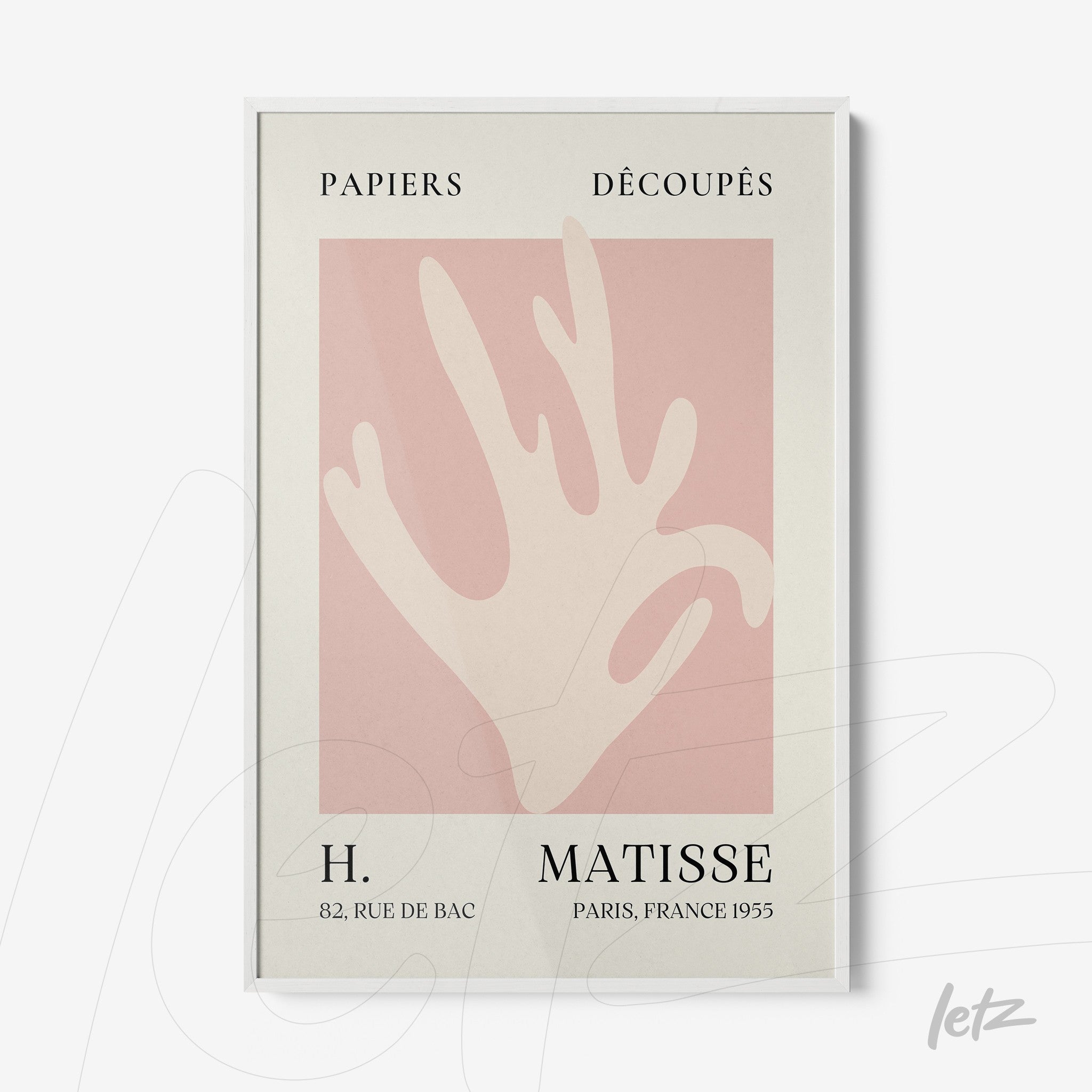 quadro com arte em estilo contemporâneo de uma mão estilizada em fundo rosa claro, moldura branca