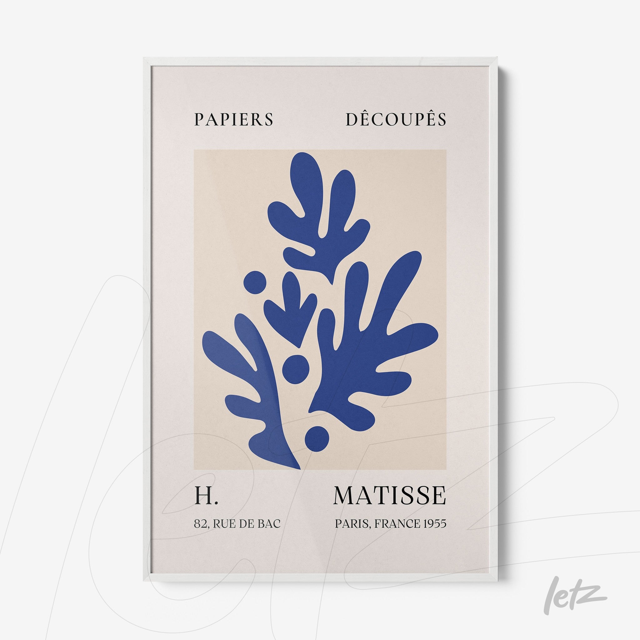 quadro com arte moderna em estilo recorte de papel de Matisse, moldura branca e fundo claro