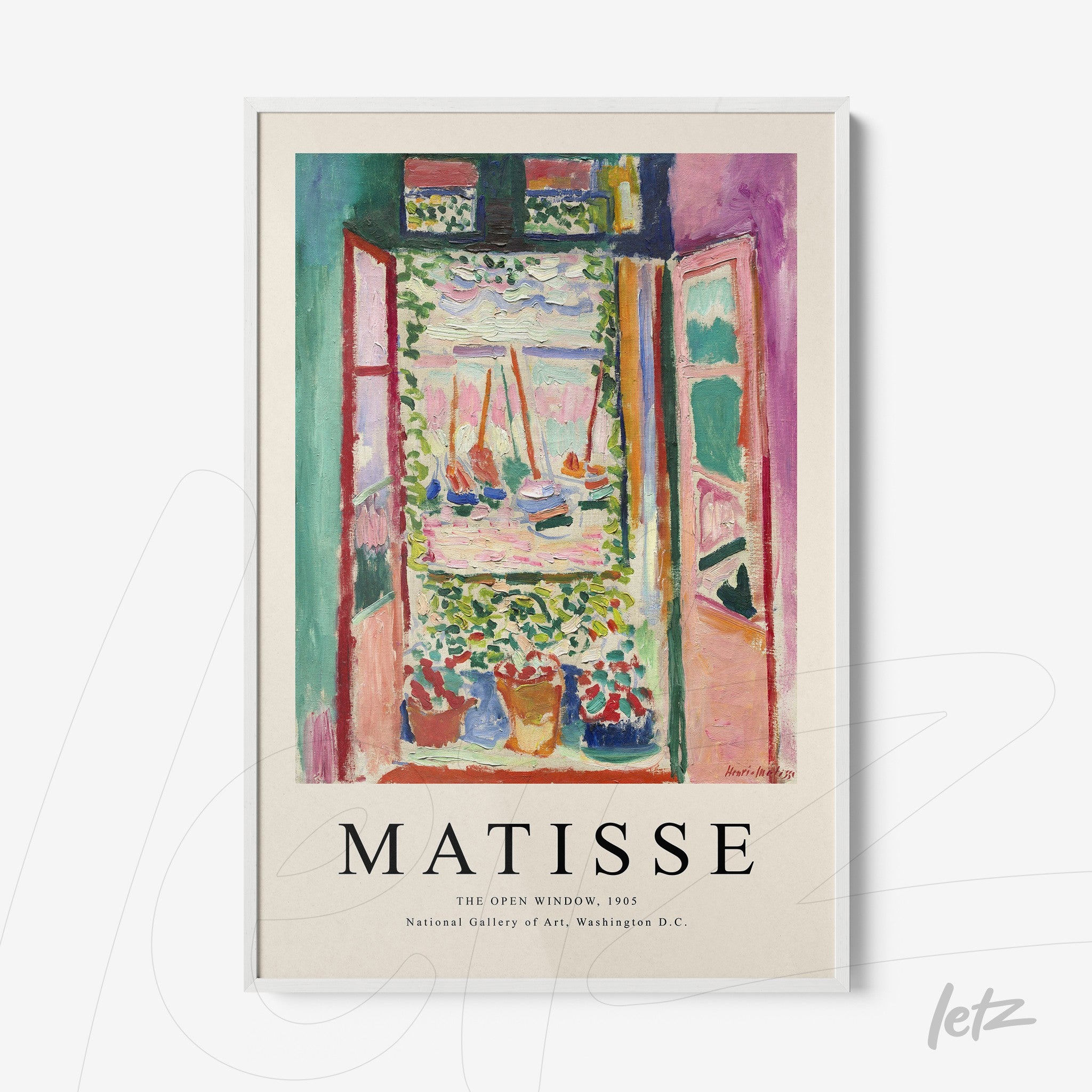 quadro decorativo com arte de Matisse, retratando uma janela aberta com vista para barcos e flores vibrantes, em moldura branca