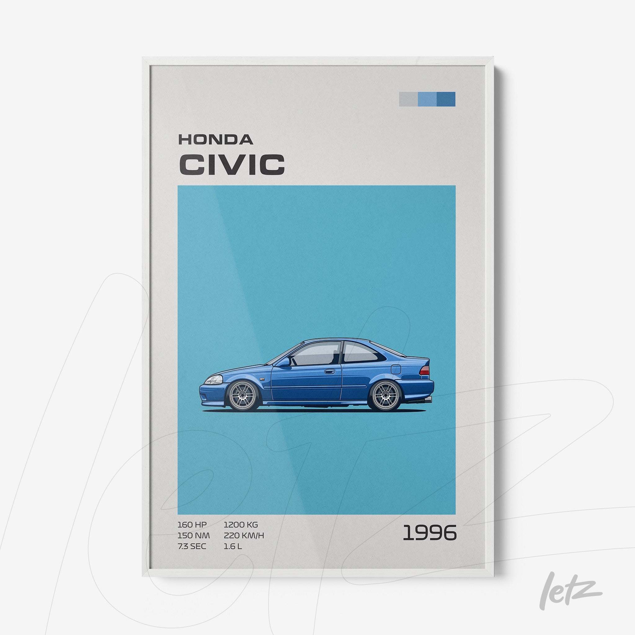quadro com arte digital do carro Honda Civic de 1996 em fundo azul claro e moldura branca