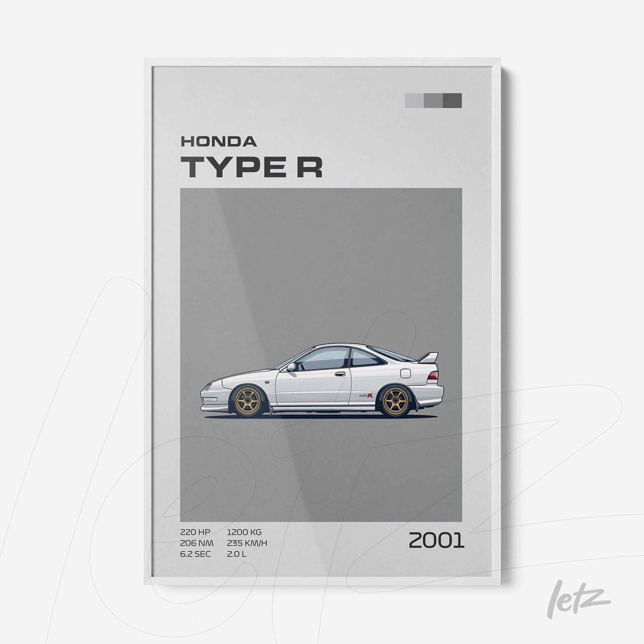 quadro com ilustração detalhada do carro Honda Type R de 2001 em fundo cinza, moldura branca