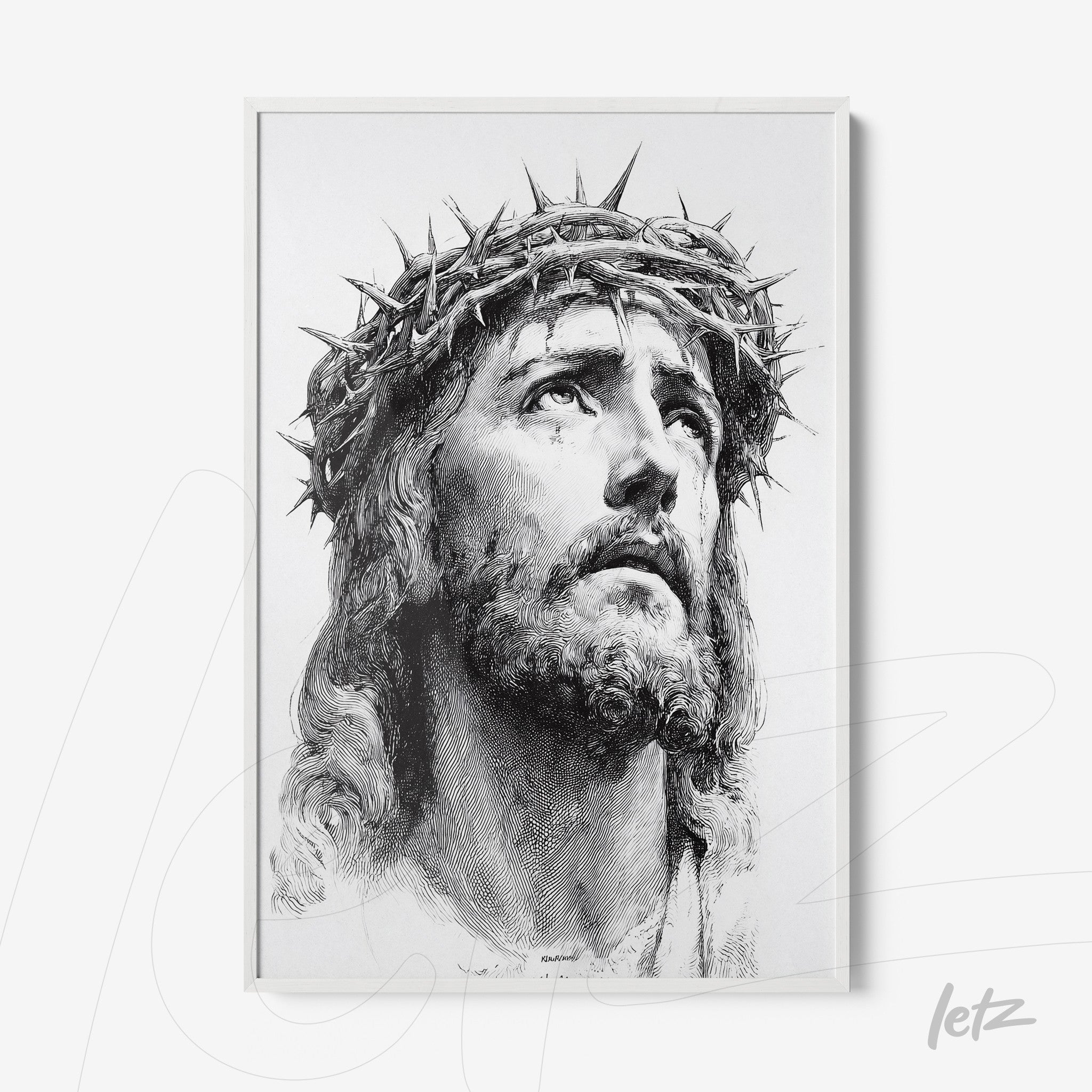 quadro com retrato em preto e branco de Jesus Cristo com coroa de espinhos em moldura branca