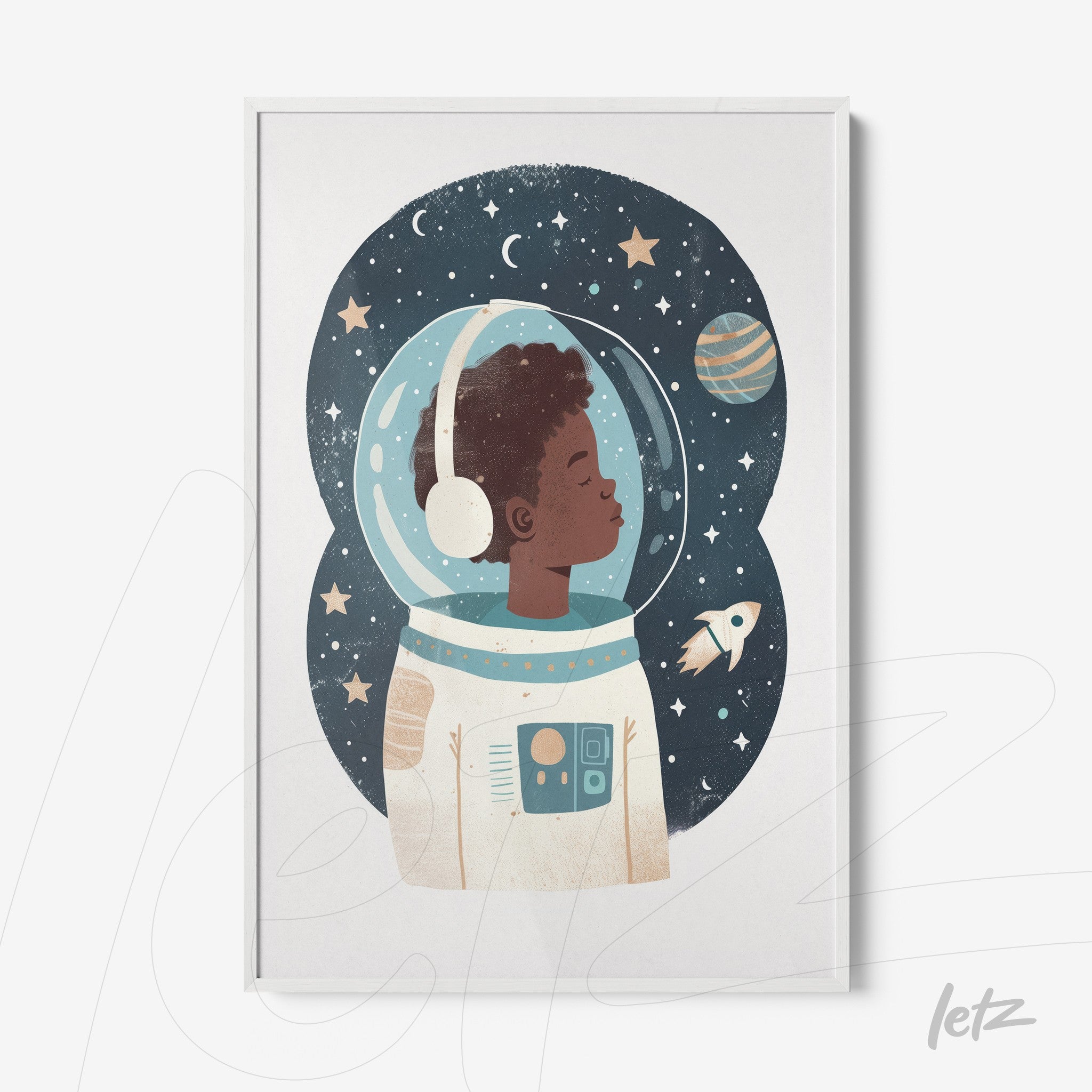 quadro com ilustração de criança astronauta em fundo espacial com planetas e estrelas, em moldura branca