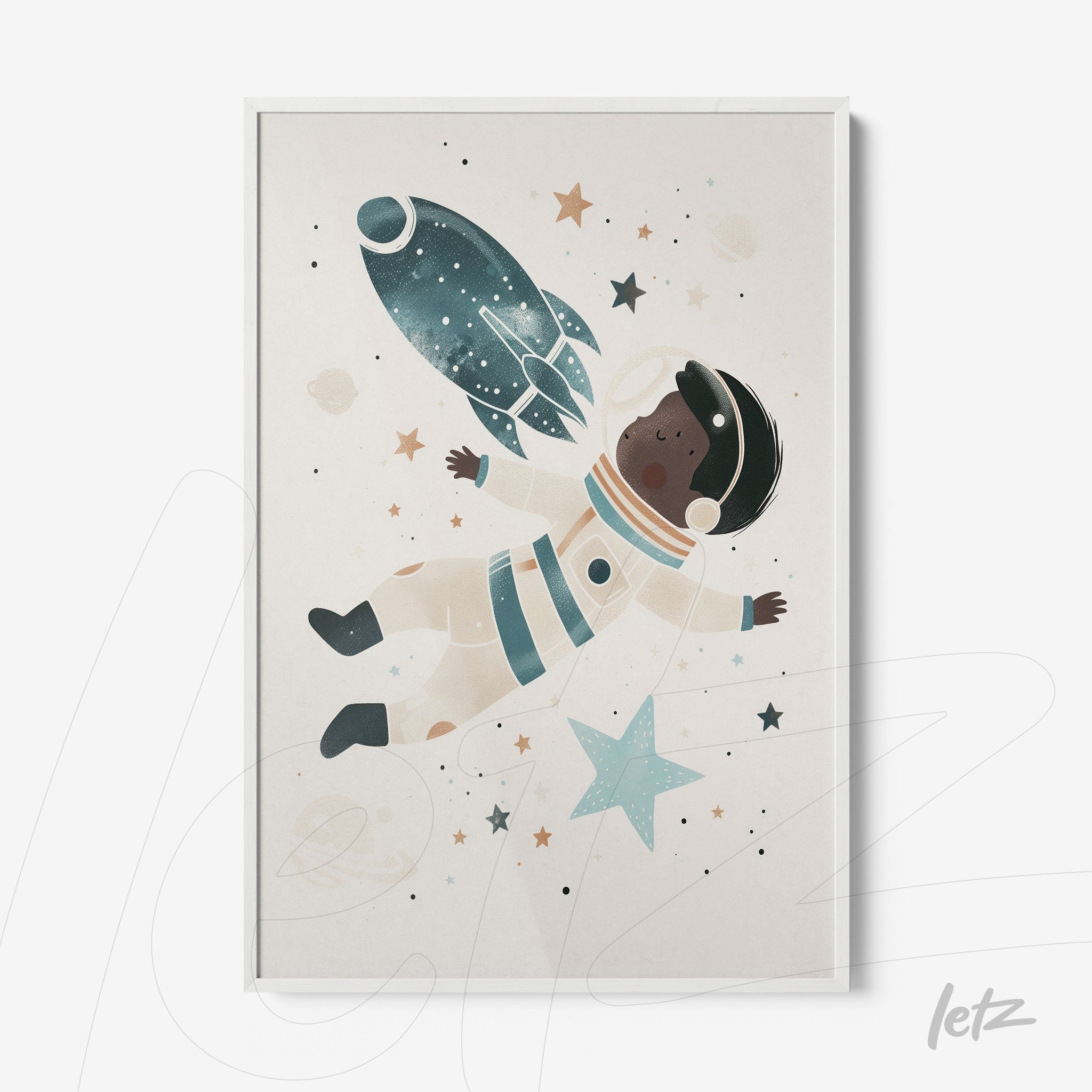 quadro decorativo com ilustração de astronauta negro flutuando no espaço, com uma espaçonave e estrelas coloridas em fundo claro na moldura branca
