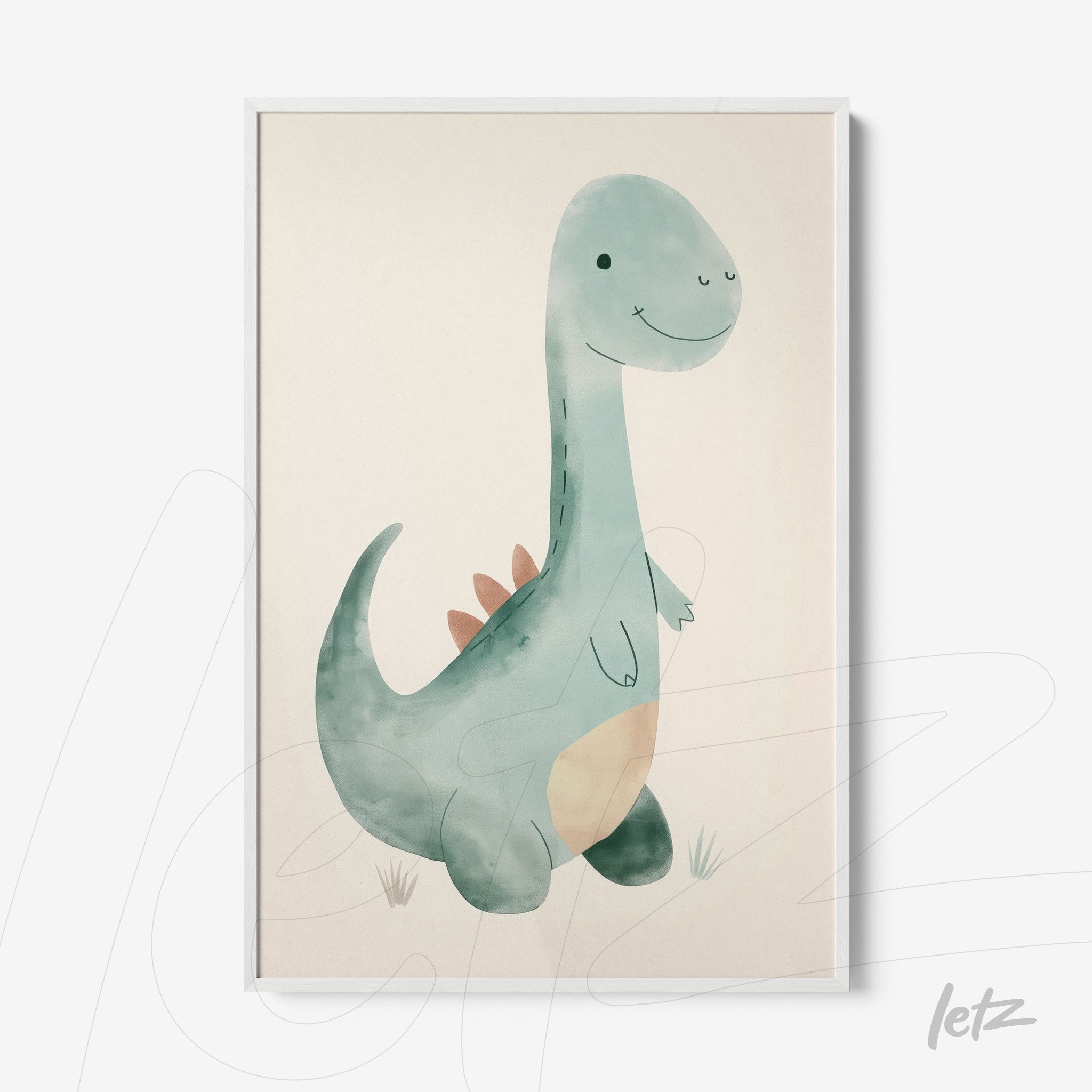 quadro com ilustração de dinossauro fofo em fundo claro e moldura branca