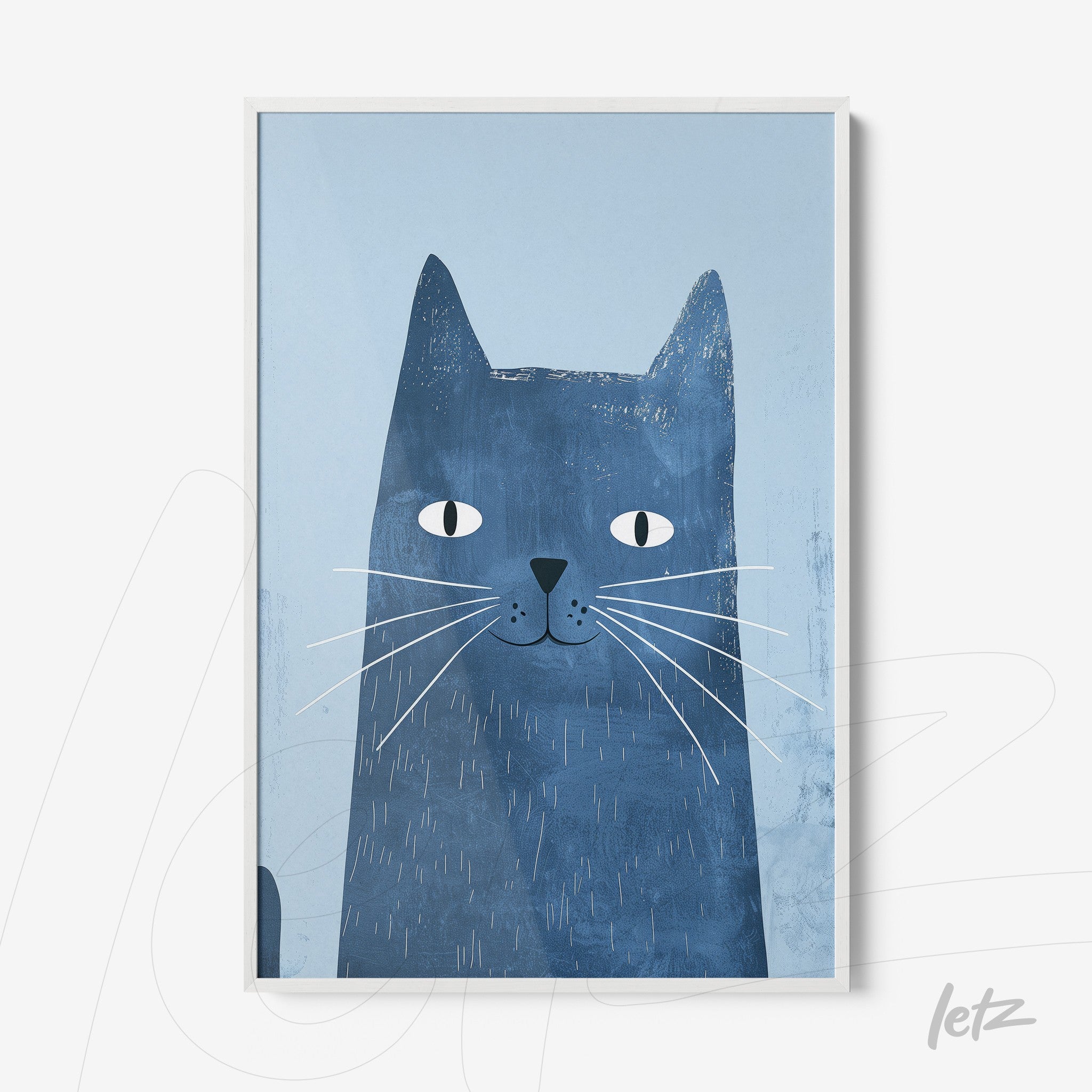 quadro com ilustração de gato azul em fundo claro com moldura branca