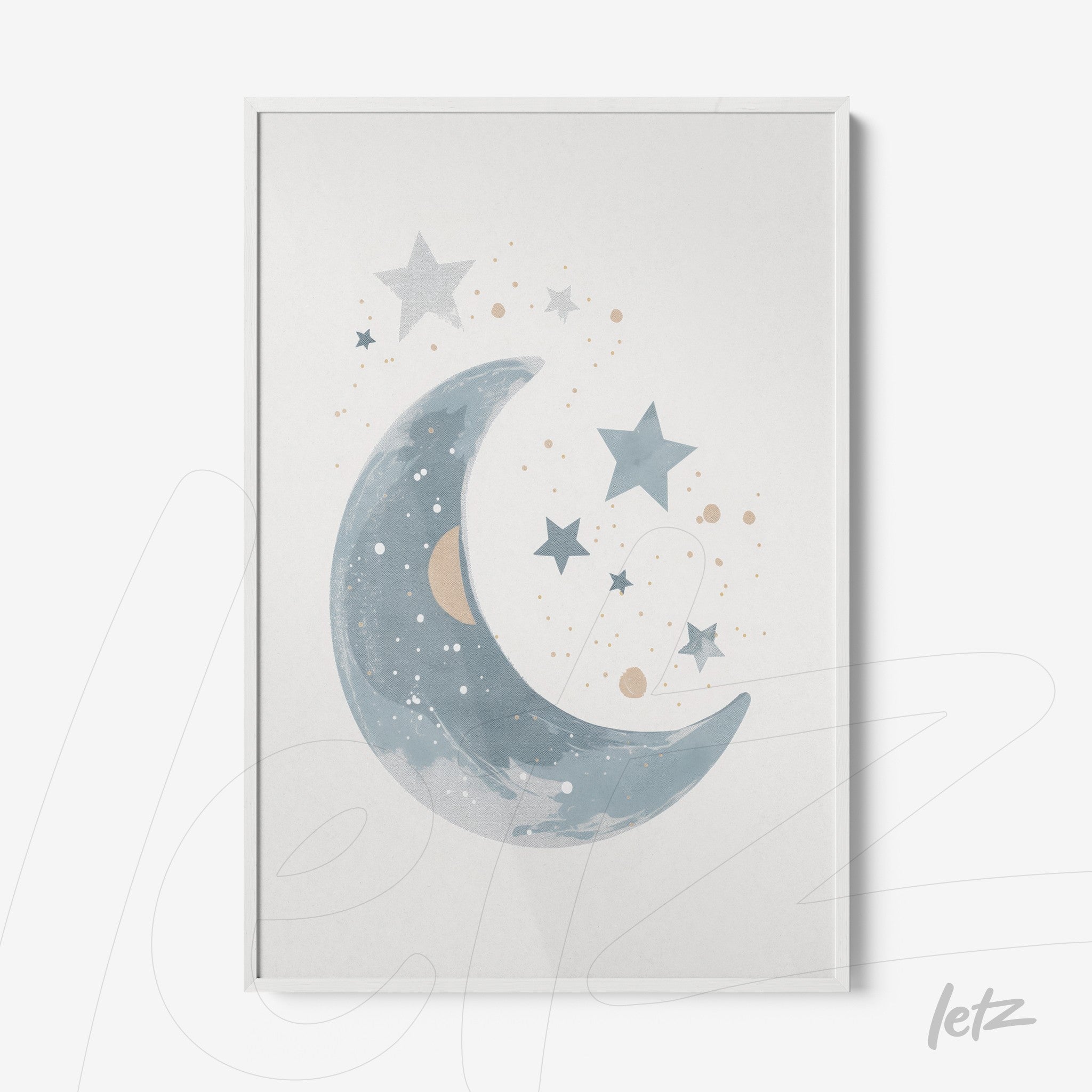 quadro com arte em aquarela de lua crescente em tons de azul com estrelas e planetas em fundo claro
