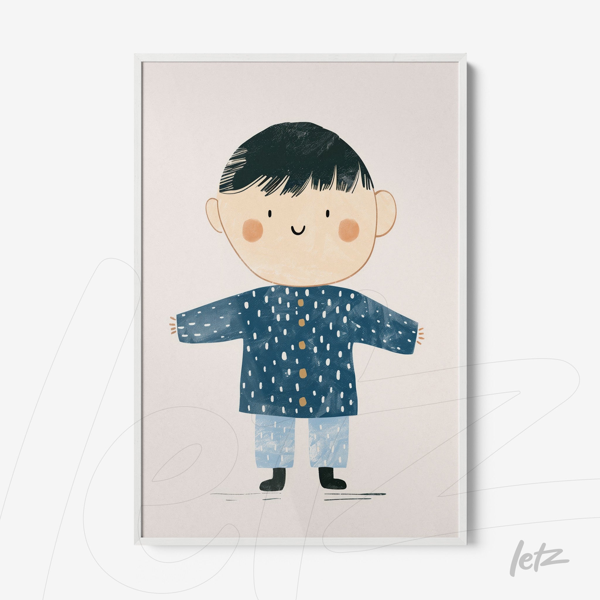 quadro com ilustração infantil de menino usando casaco azul e calças claras com fundo neutro