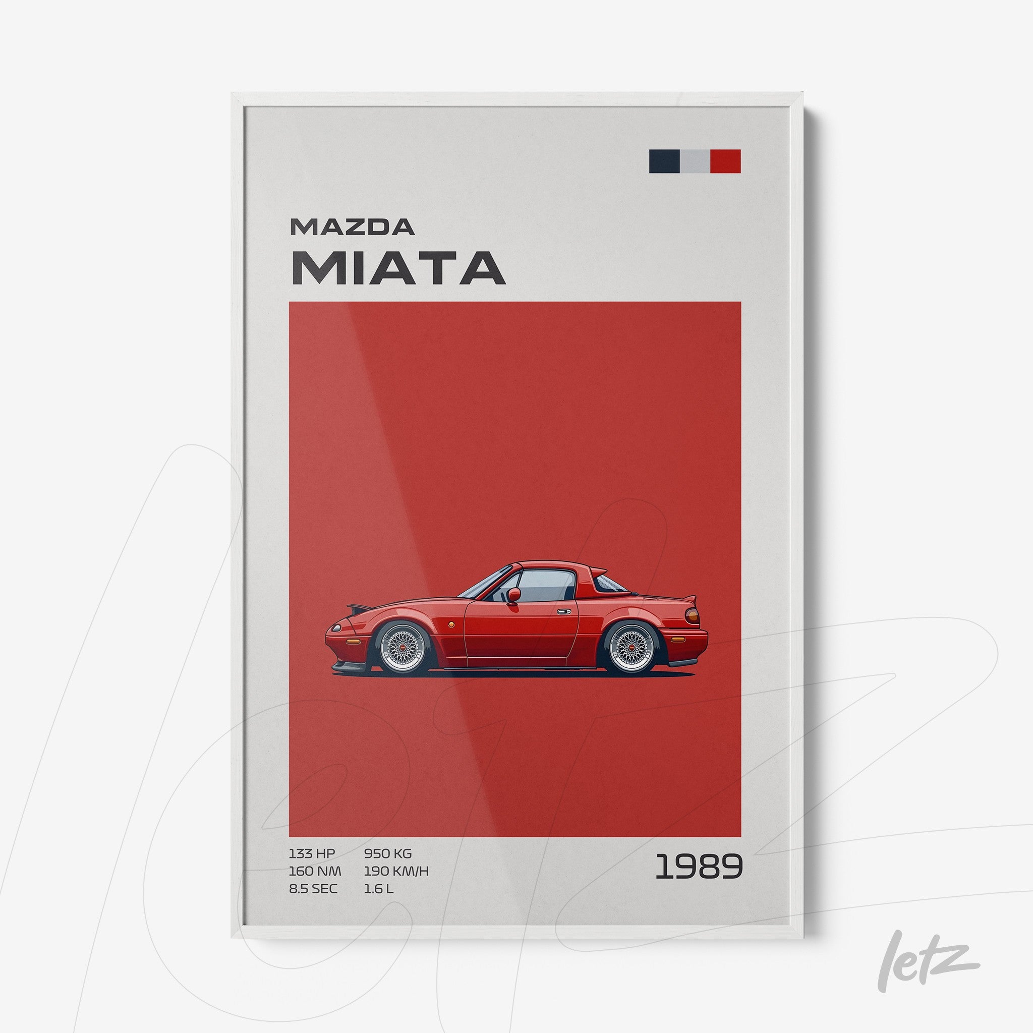 quadro com arte estilizada do Mazda Miata vermelho, apresentação em fundo vermelho e moldura branca