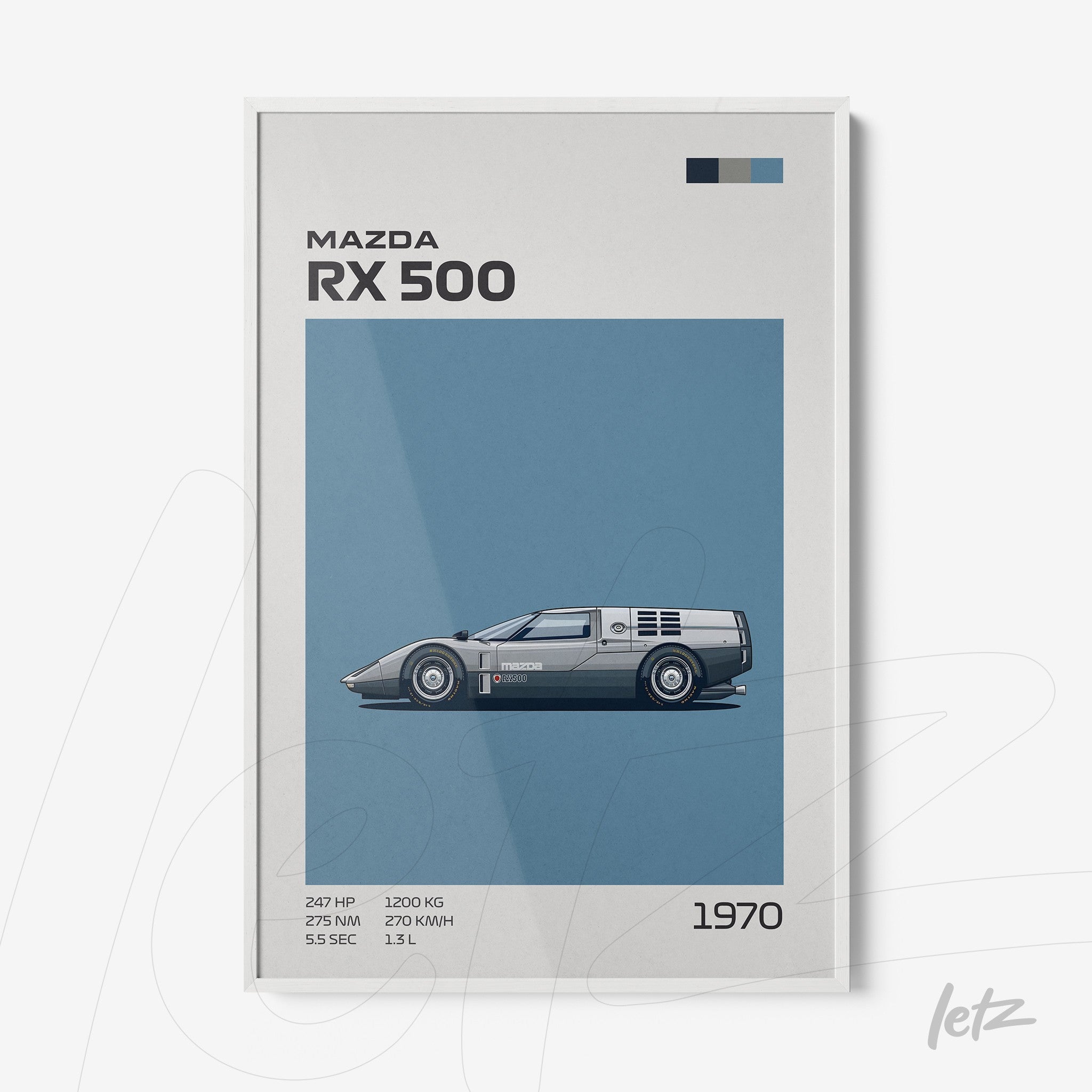 quadro com ilustração do carro esportivo Mazda RX 500 em fundo azul e moldura branca