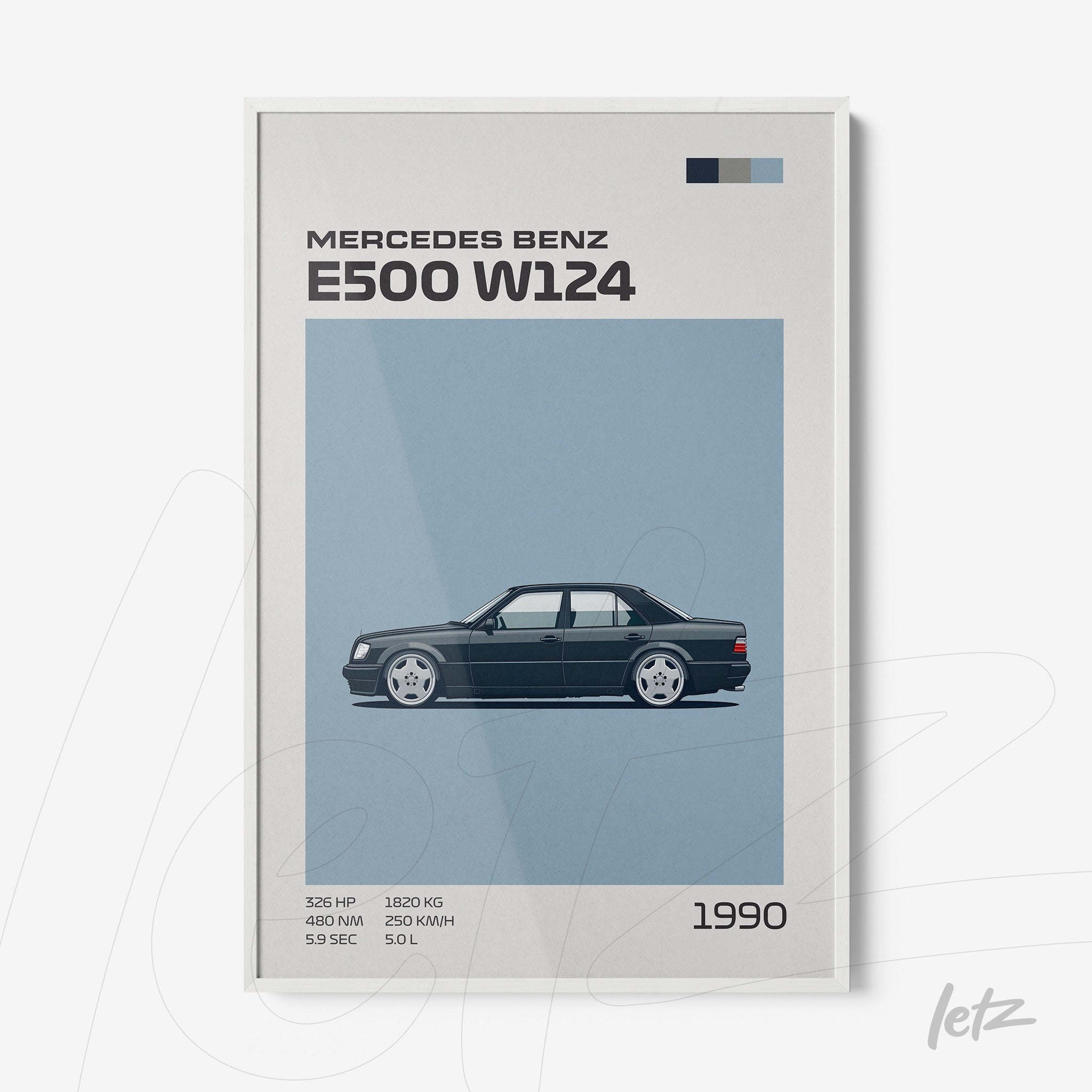 quadro com ilustração em estilo minimalista do carro Mercedes Benz E500 W124 em moldura branca