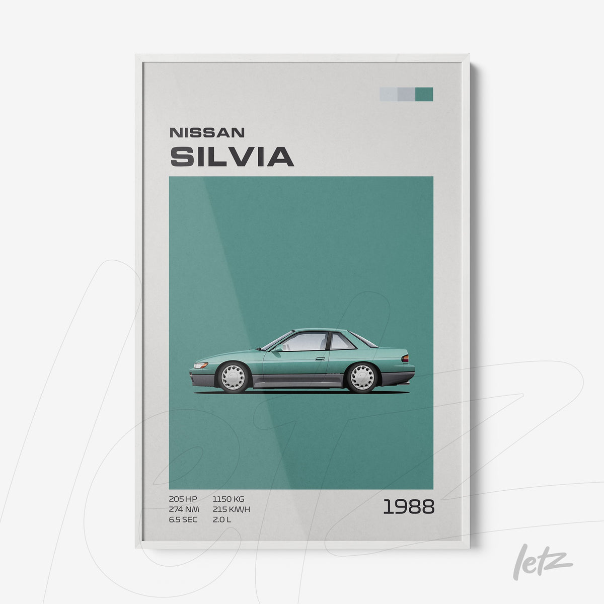 quadro com ilustração do carro Nissan Silvia de 1988 em moldura branca, fundo verde-água e detalhes gráficos