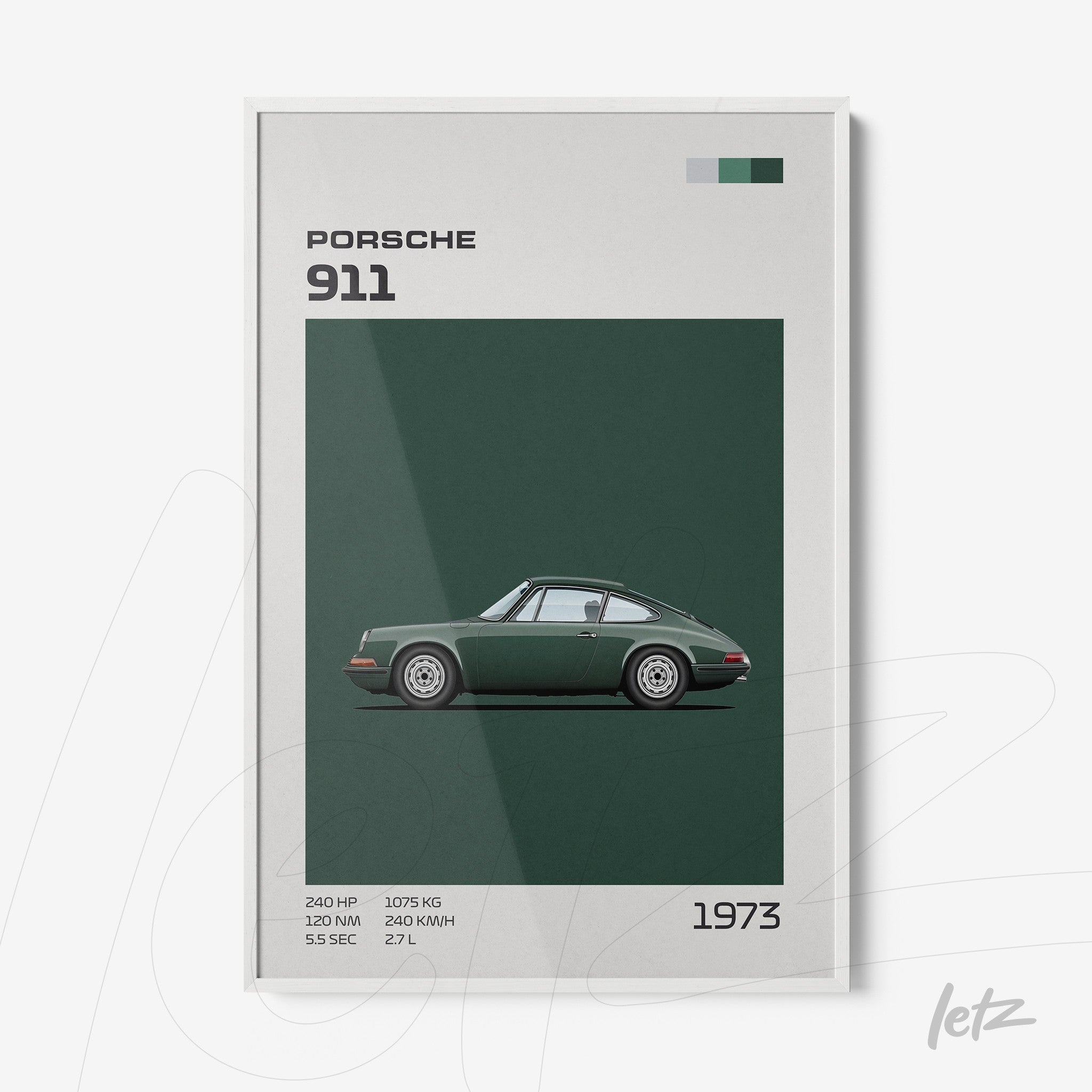 quadro com ilustração de um Porsche 911 de 1973 em fundo verde escuro e moldura branca