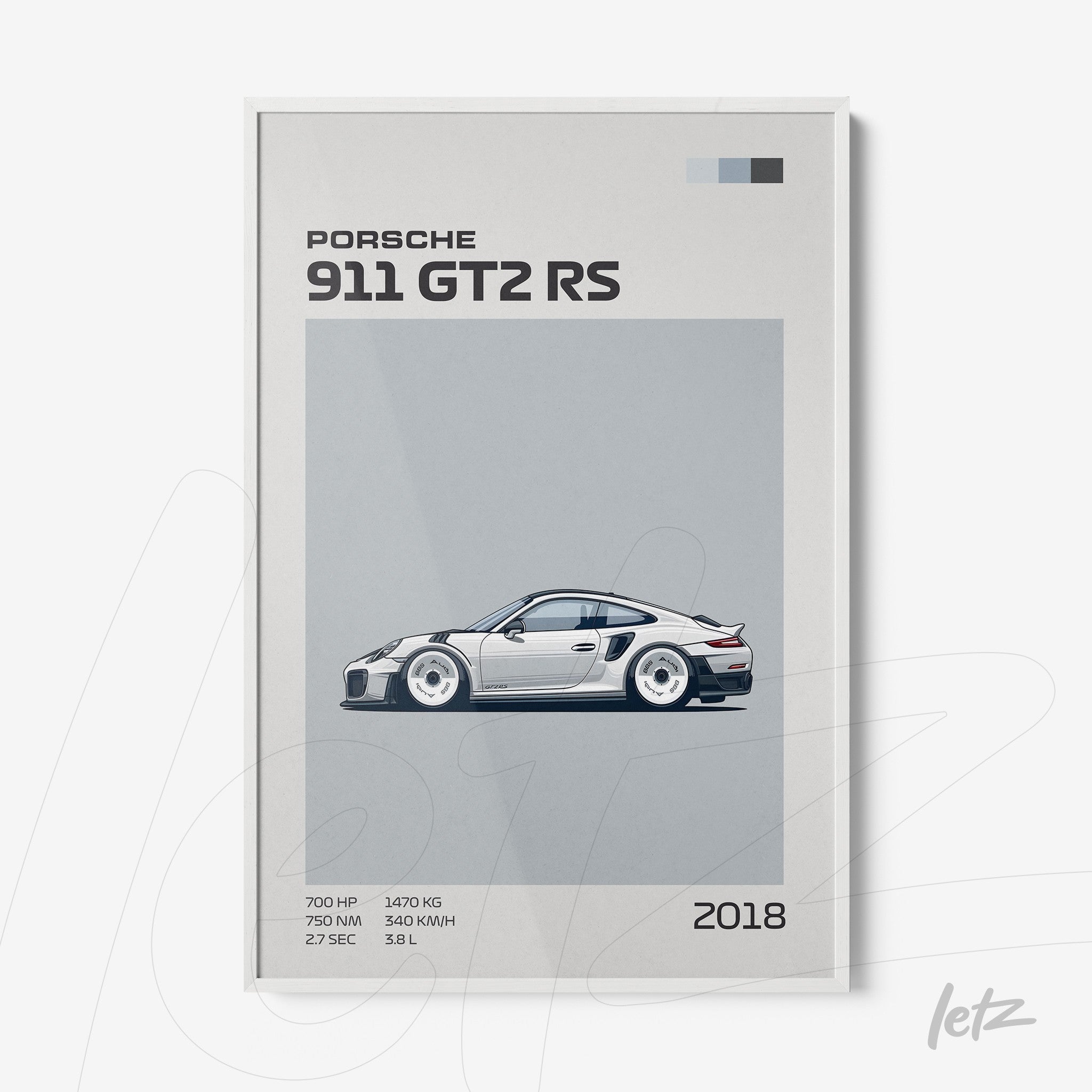 quadro com arte digital do carro esportivo Porsche 911 GT2 RS em moldura branca