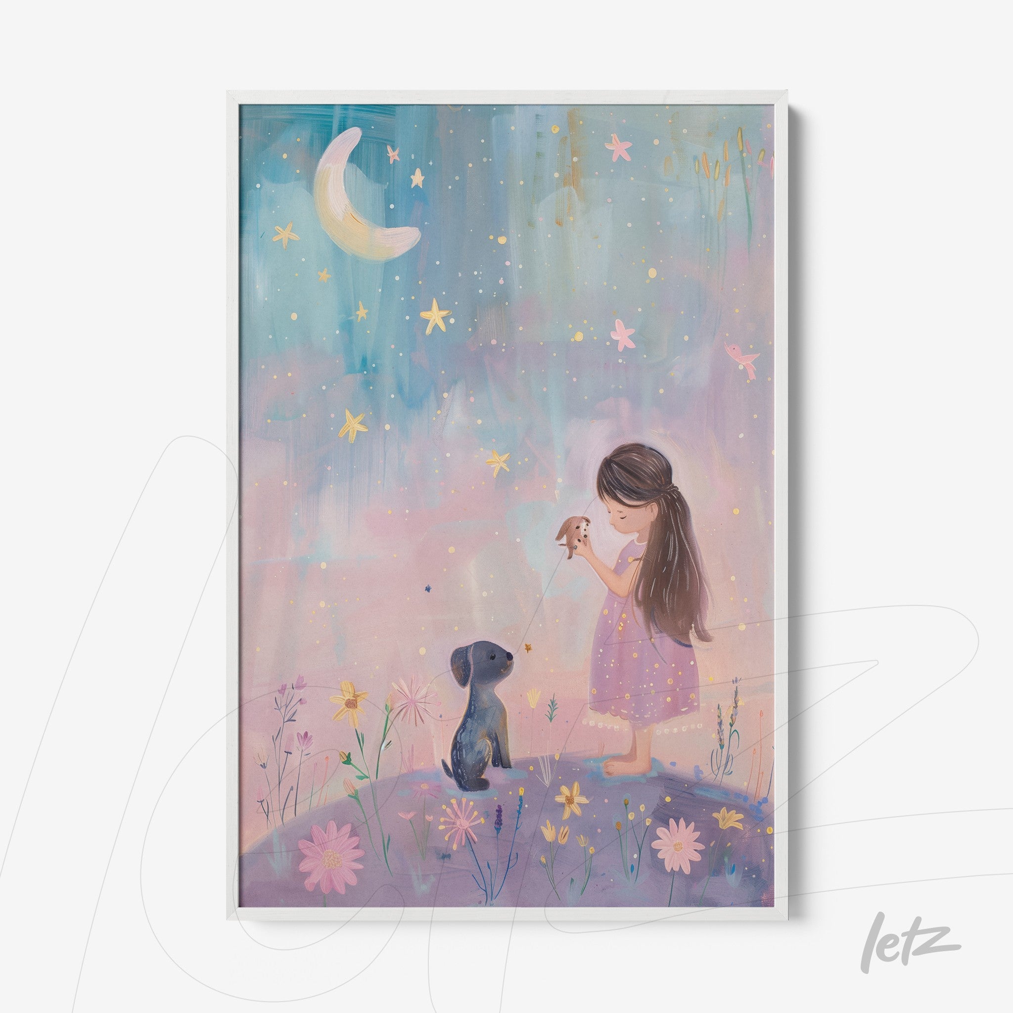 quadro com arte infantil de menina com vestido rosa e cachorro, céu estrelado em fundo azul e lilás