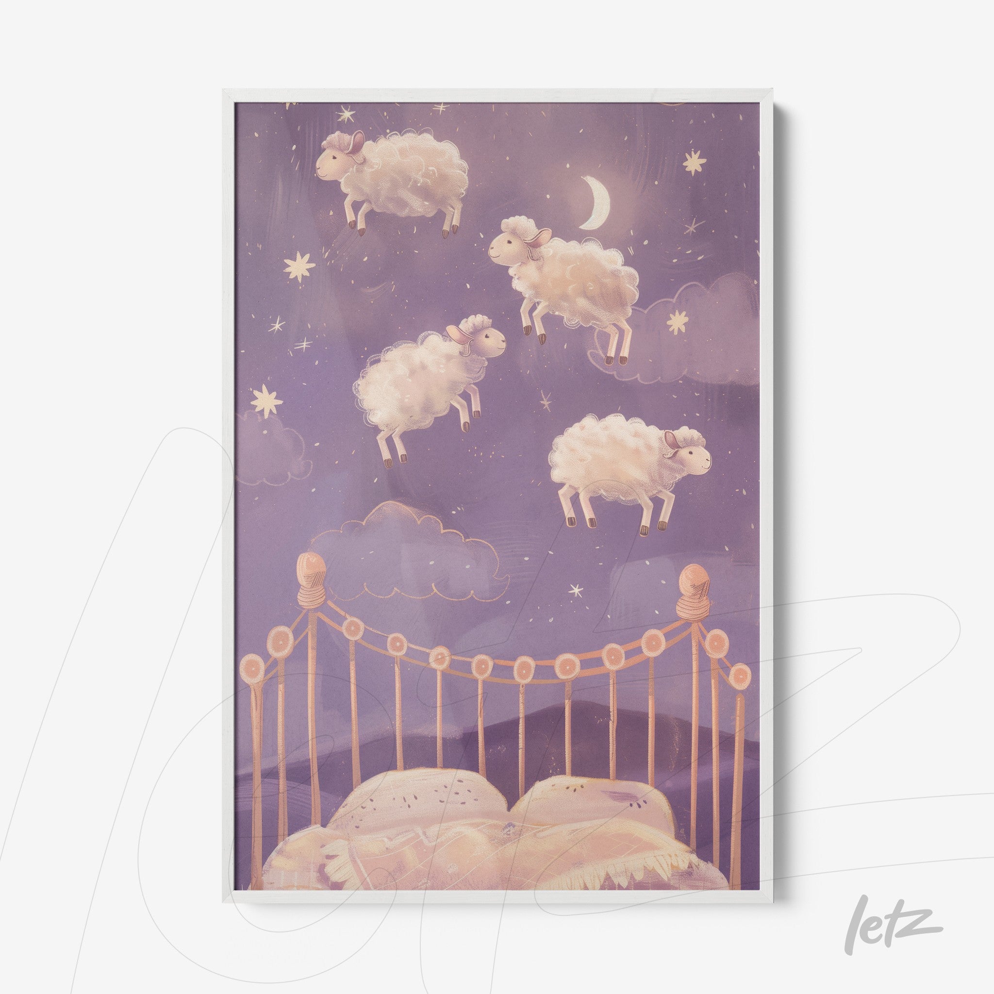 quadro decorativo com ilustração de ovelhas flutuando sobre uma cama em um fundo roxo estrelado, moldura branca