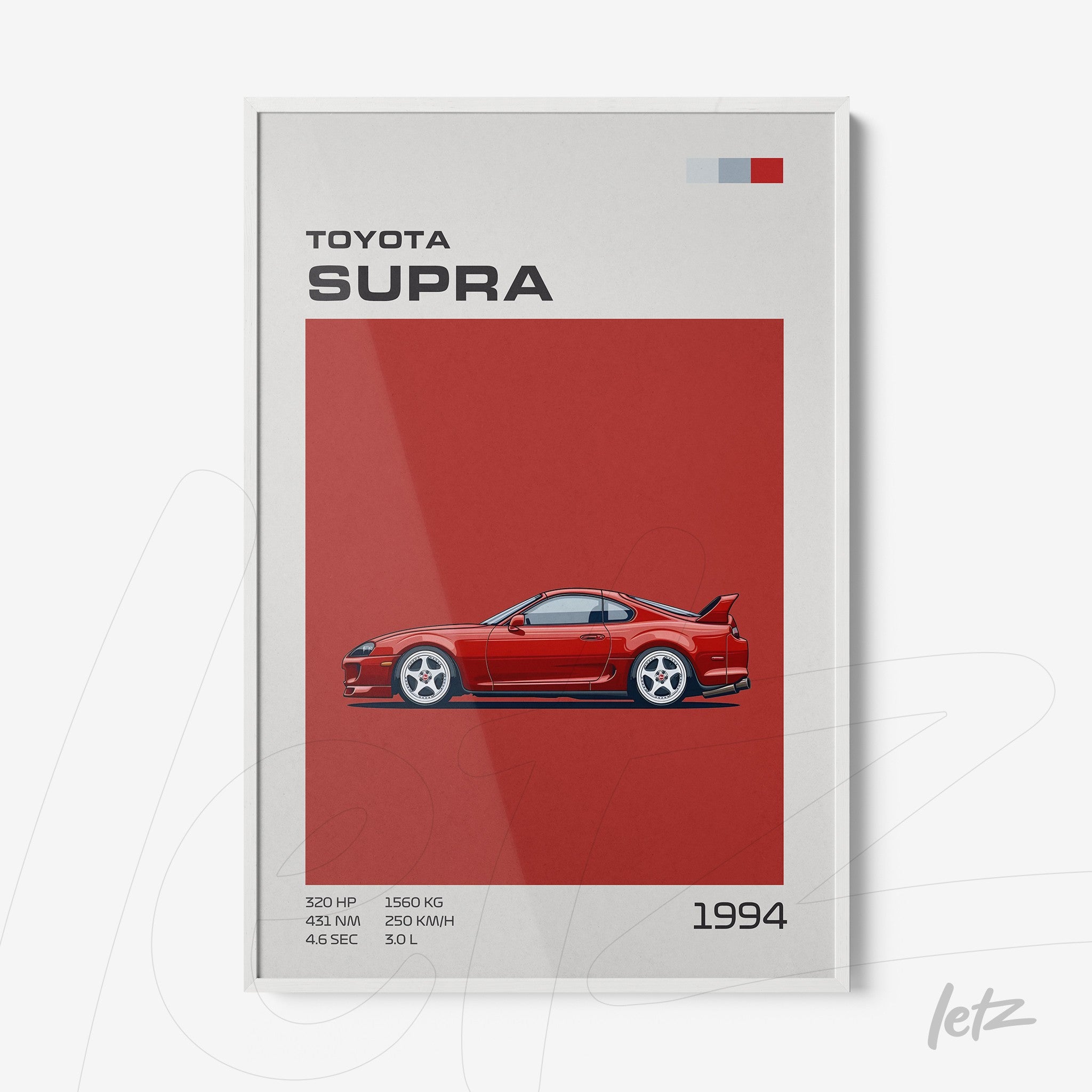 quadro com ilustração do Toyota Supra 1994 em fundo vermelho com informações técnicas