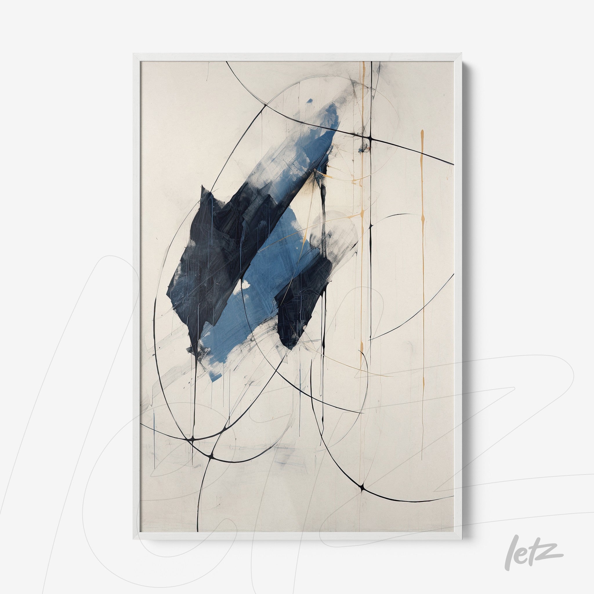 quadro com arte abstrata em tons de azul e preto, moldura branca