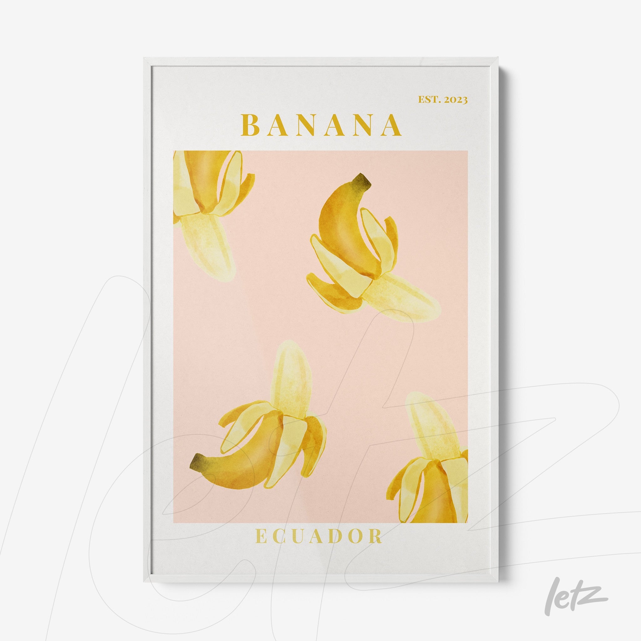 quadro com arte de bananas em tinta amarela sobre fundo rosa, com texto 'BANANA' e 'ECUADOR' em letras douradas, moldura branca