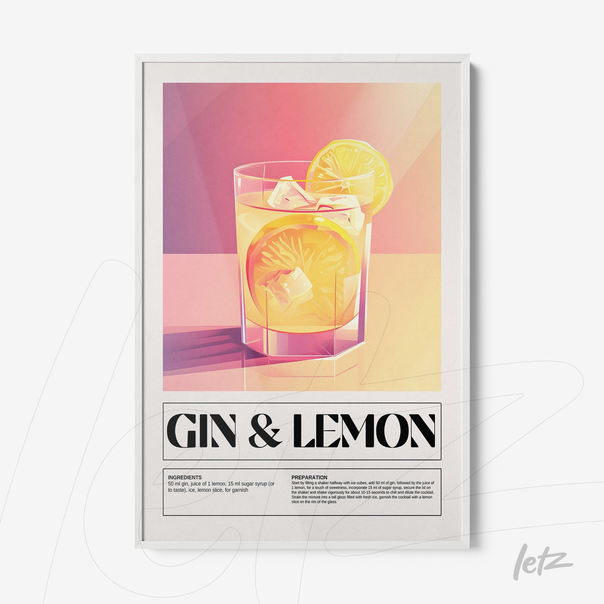 quadro com arte geométrica de drink gin com limão em moldura branca