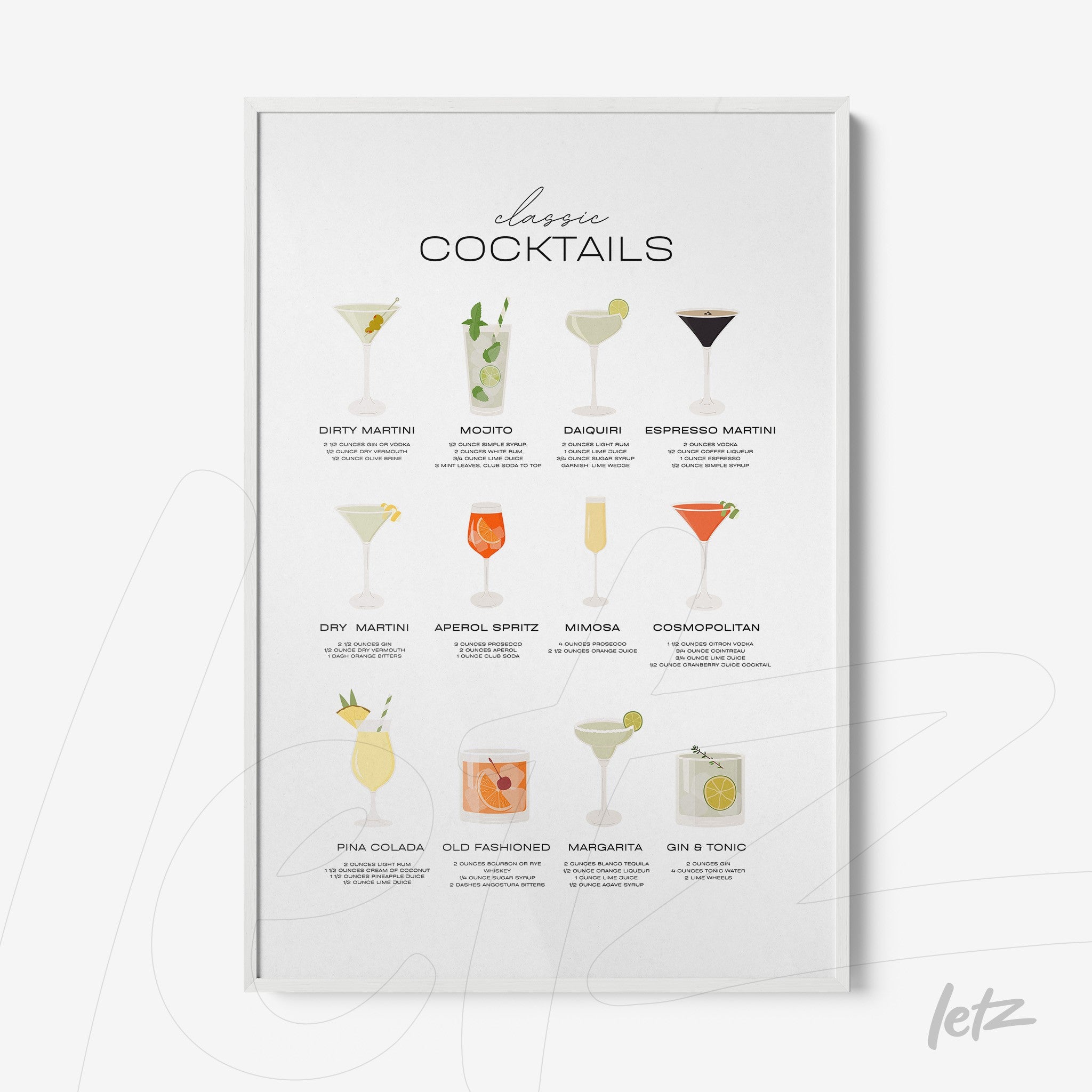 quadro emoldurado com ilustrações de coquetéis clássicos como margarita e piña colada, sobre fundo branco