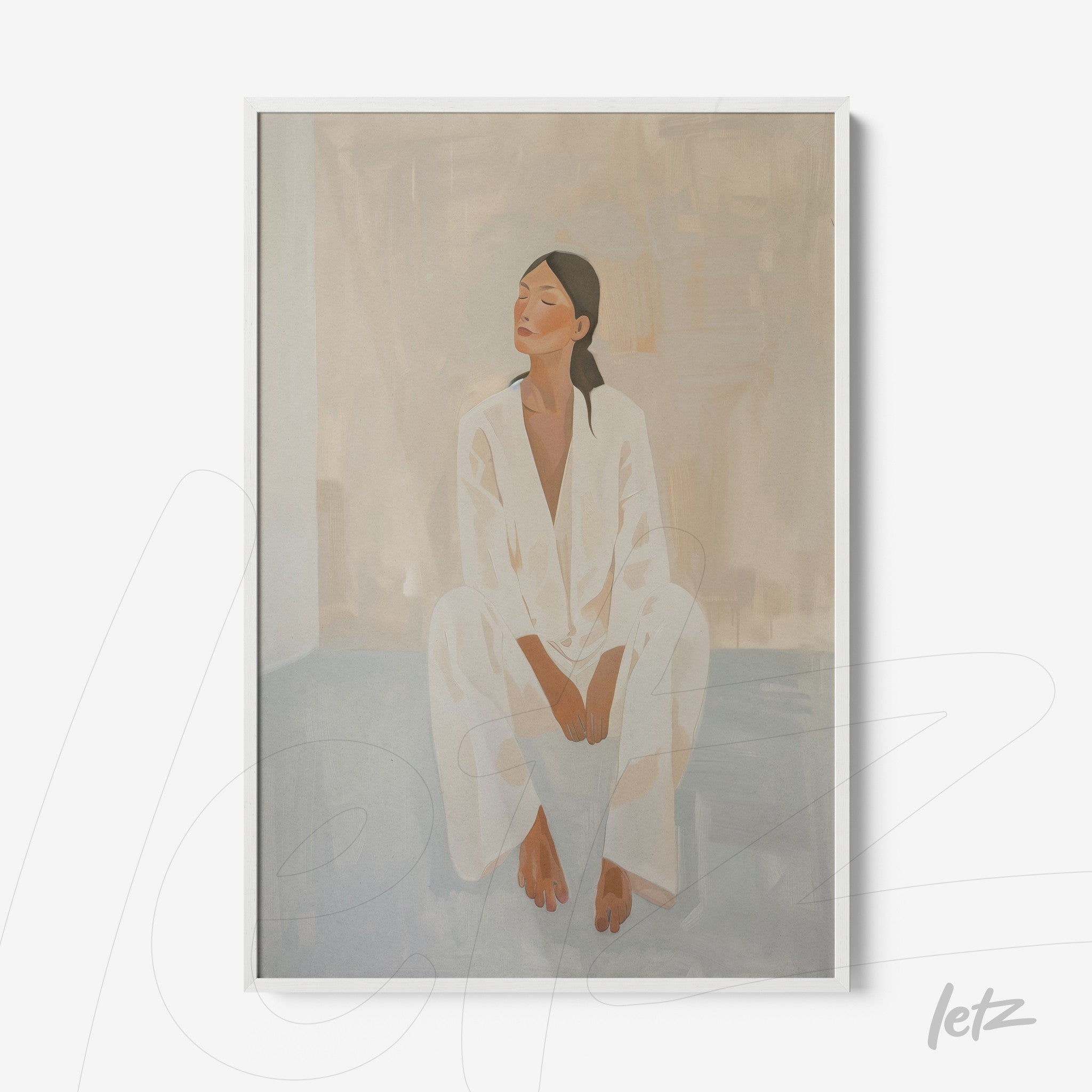 quadro com arte minimalista de uma mulher sentada em roupas brancas, moldura branca