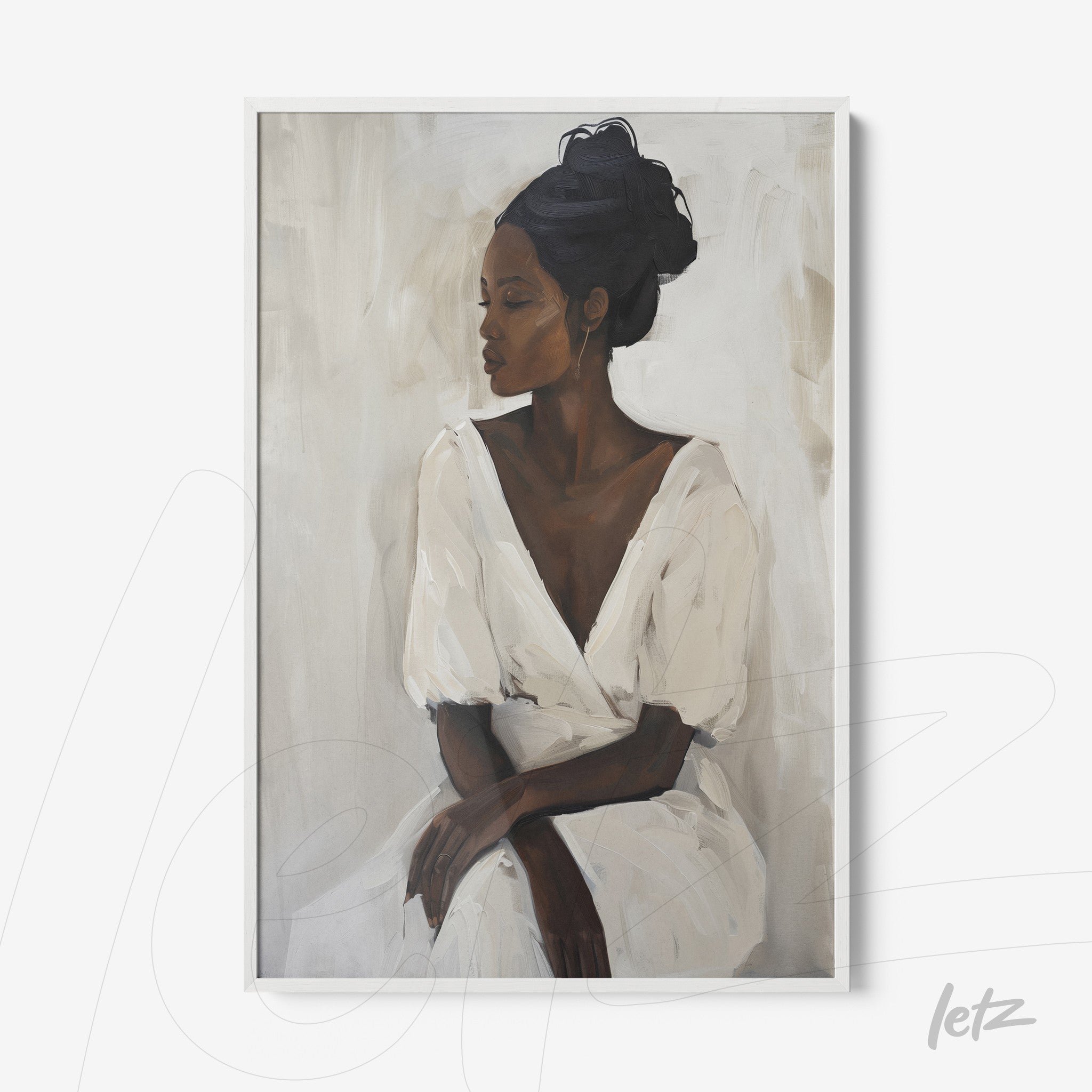 quadro com retrato de mulher negra sentada, usando vestido branco, em moldura branca