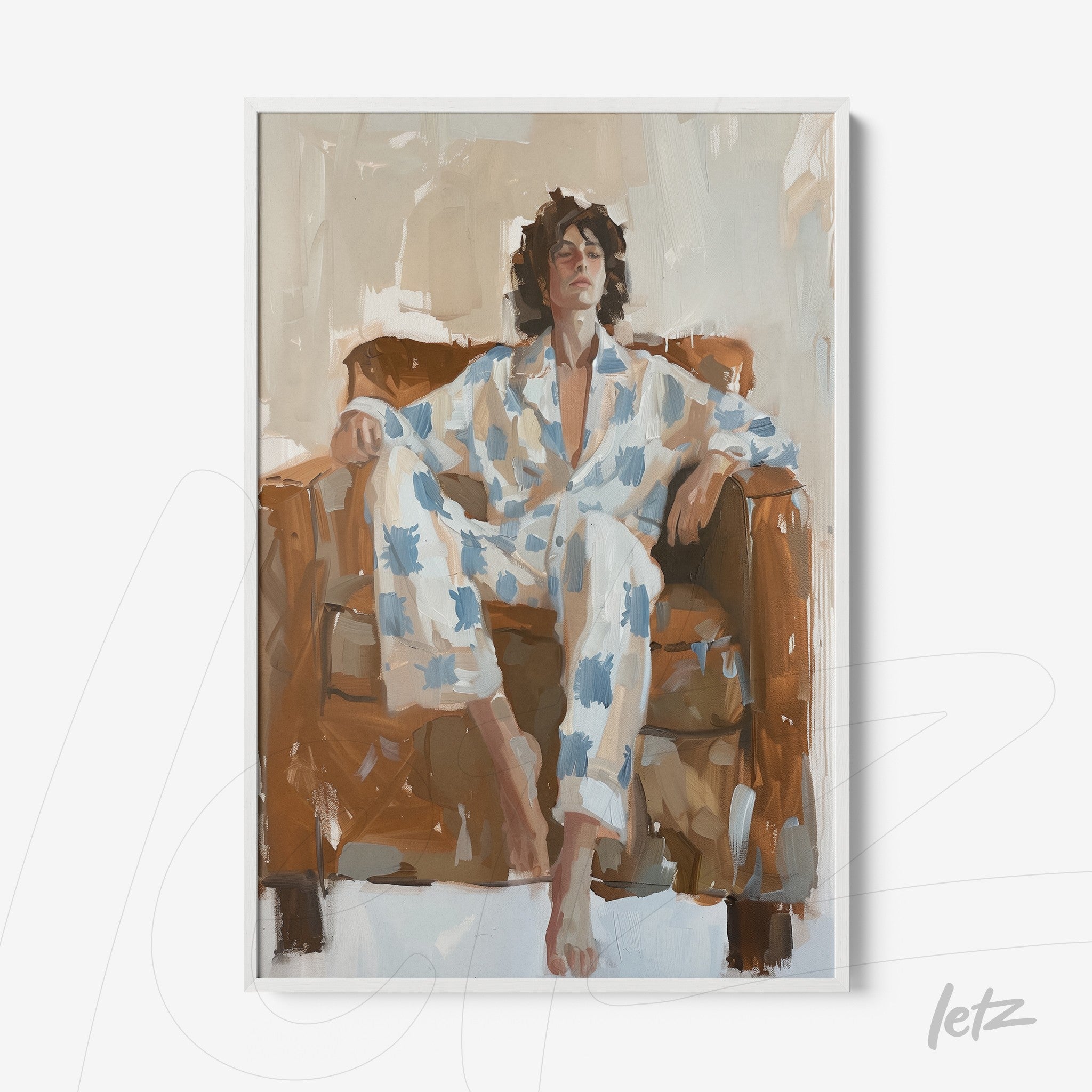 quadro com arte moderna retratando uma pessoa sentada em um sofá marrom, vestindo pijama com padrões azuis