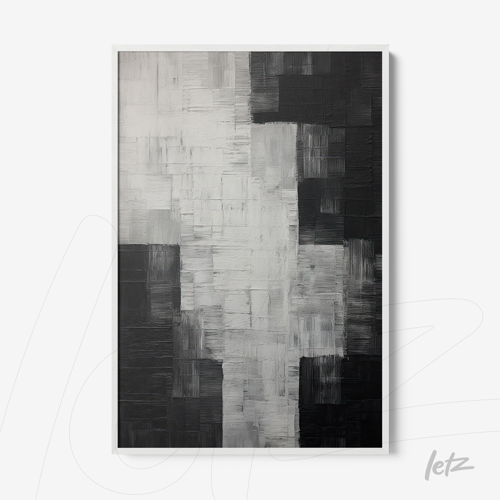 quadro abstrato em preto e branco com texturas em camadas, moldura branca