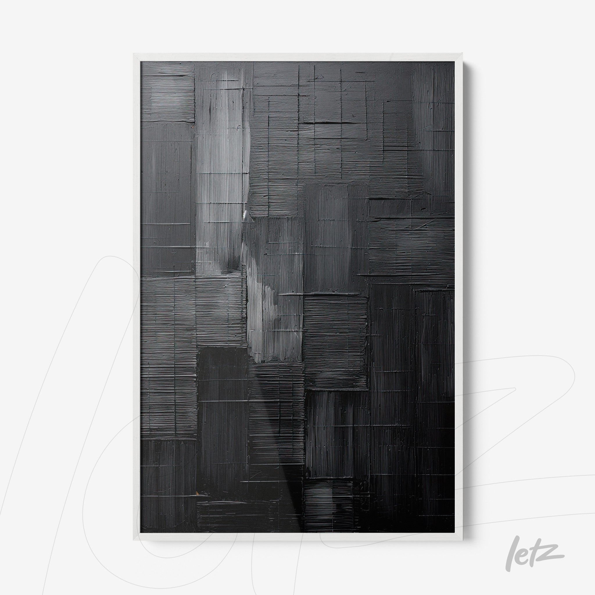 quadro com textura abstrata em tons de preto e cinza em moldura branca