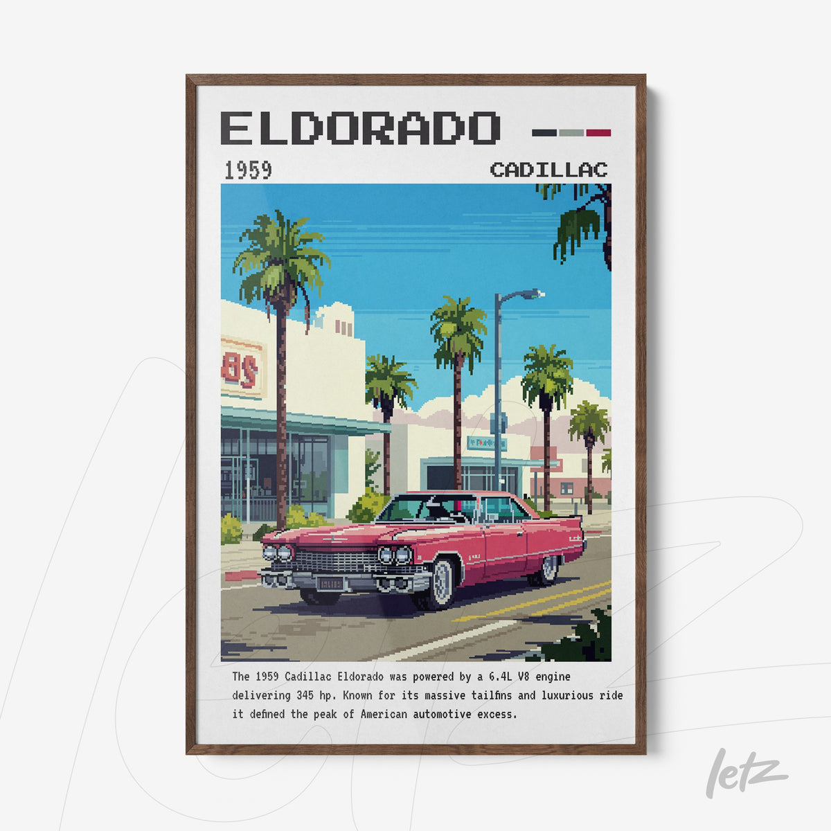 quadro com arte digital retrô de um Cadillac Eldorado vermelho em frente a palmeiras, moldura de madeira escura